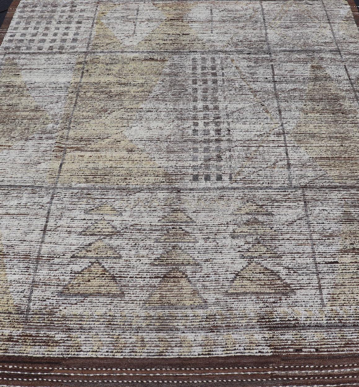Contemporary Tribal Hand Knotted Moroccan with Modern Design in Cream and Earth Tones For Sale