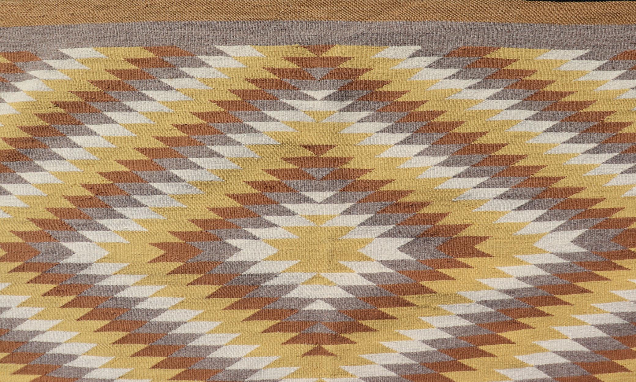 American Tribal Hand Woven Vintage Navajo Kilim with Gold, Gray, Ivory, and Brown For Sale