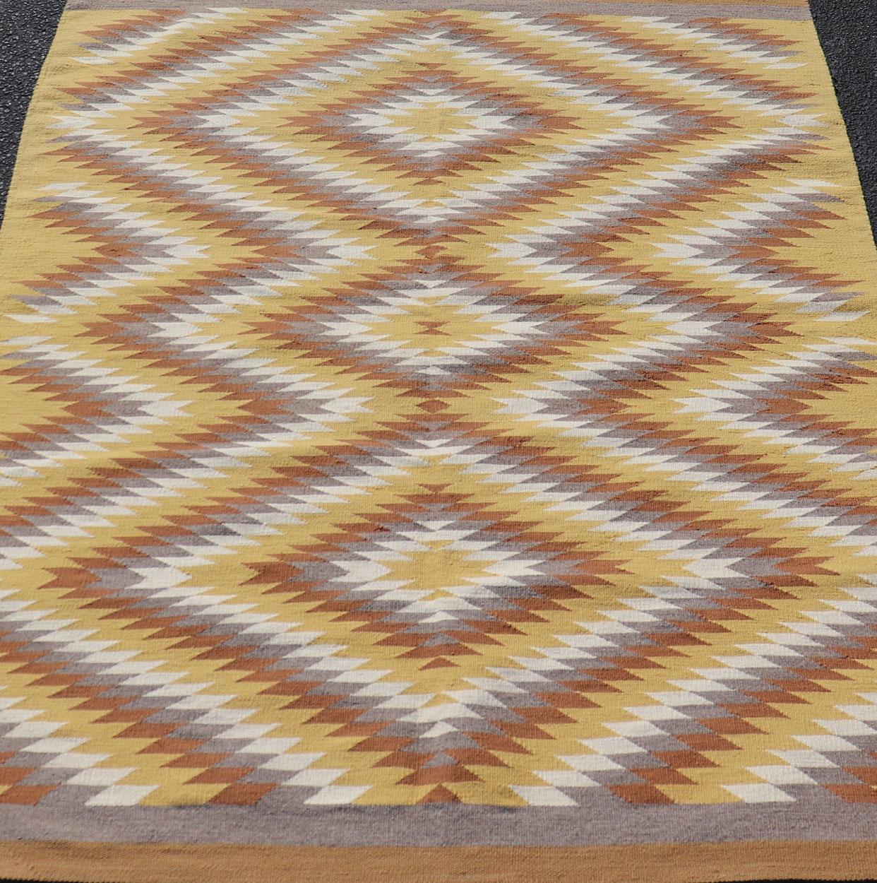 Wool Tribal Hand Woven Vintage Navajo Kilim with Gold, Gray, Ivory, and Brown For Sale