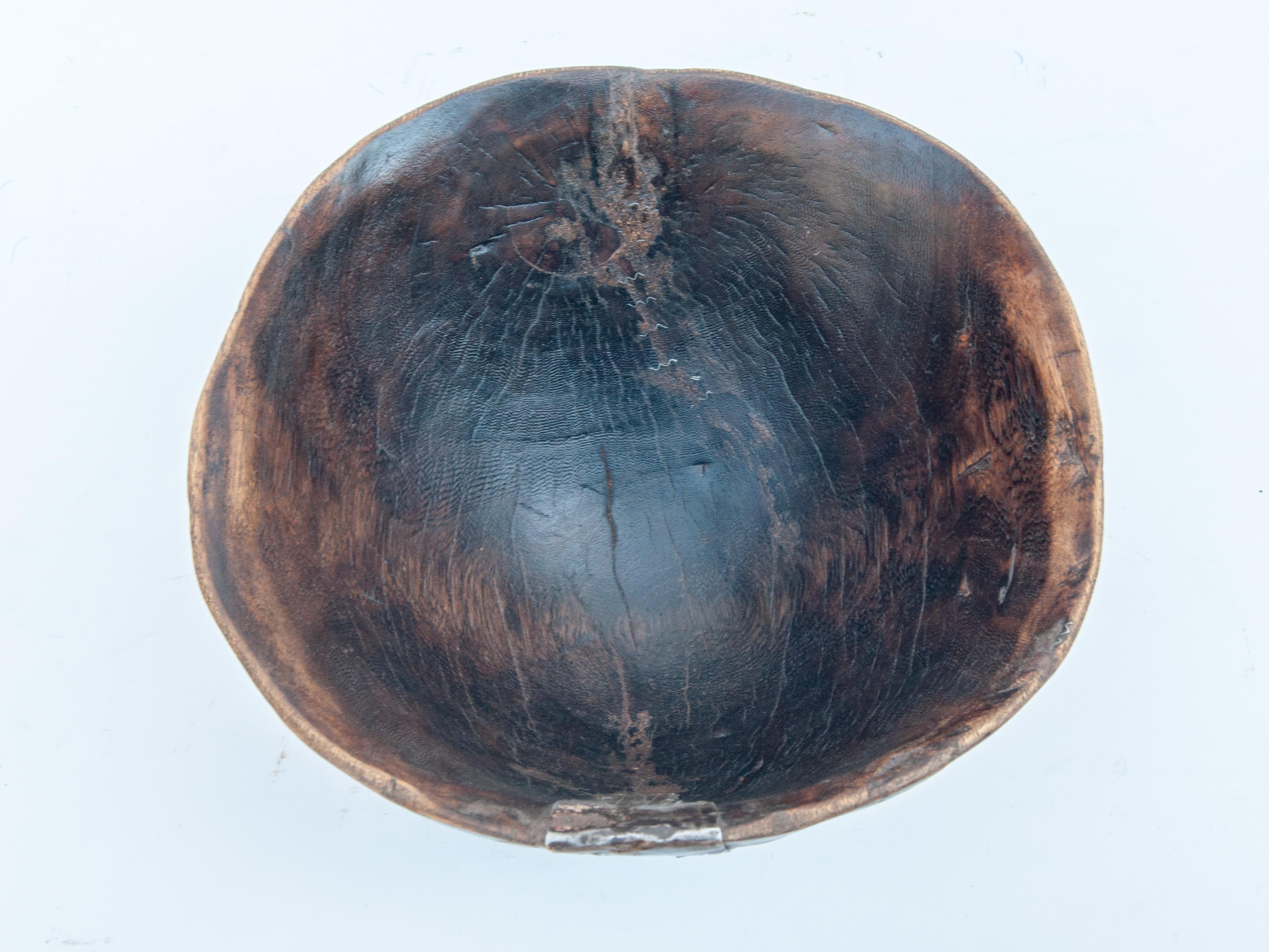 Nigerien Tribal Handhewn Wooden Bowl with Metal Repair, Fulani of Niger, Mid-20th Century