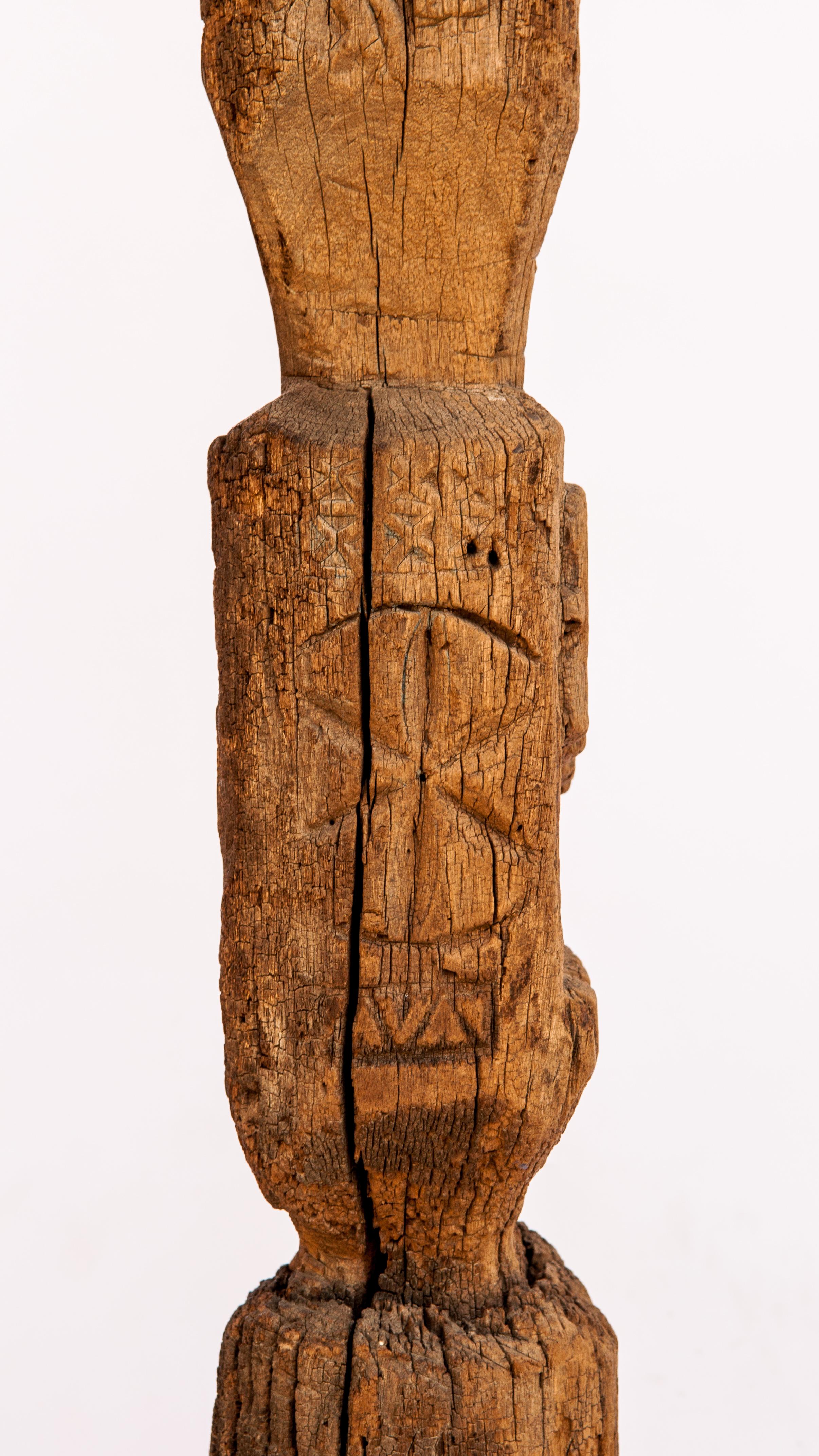 Wood Tribal House Pillar, Tharu of Nepal Mid-20th Century, Metal Base