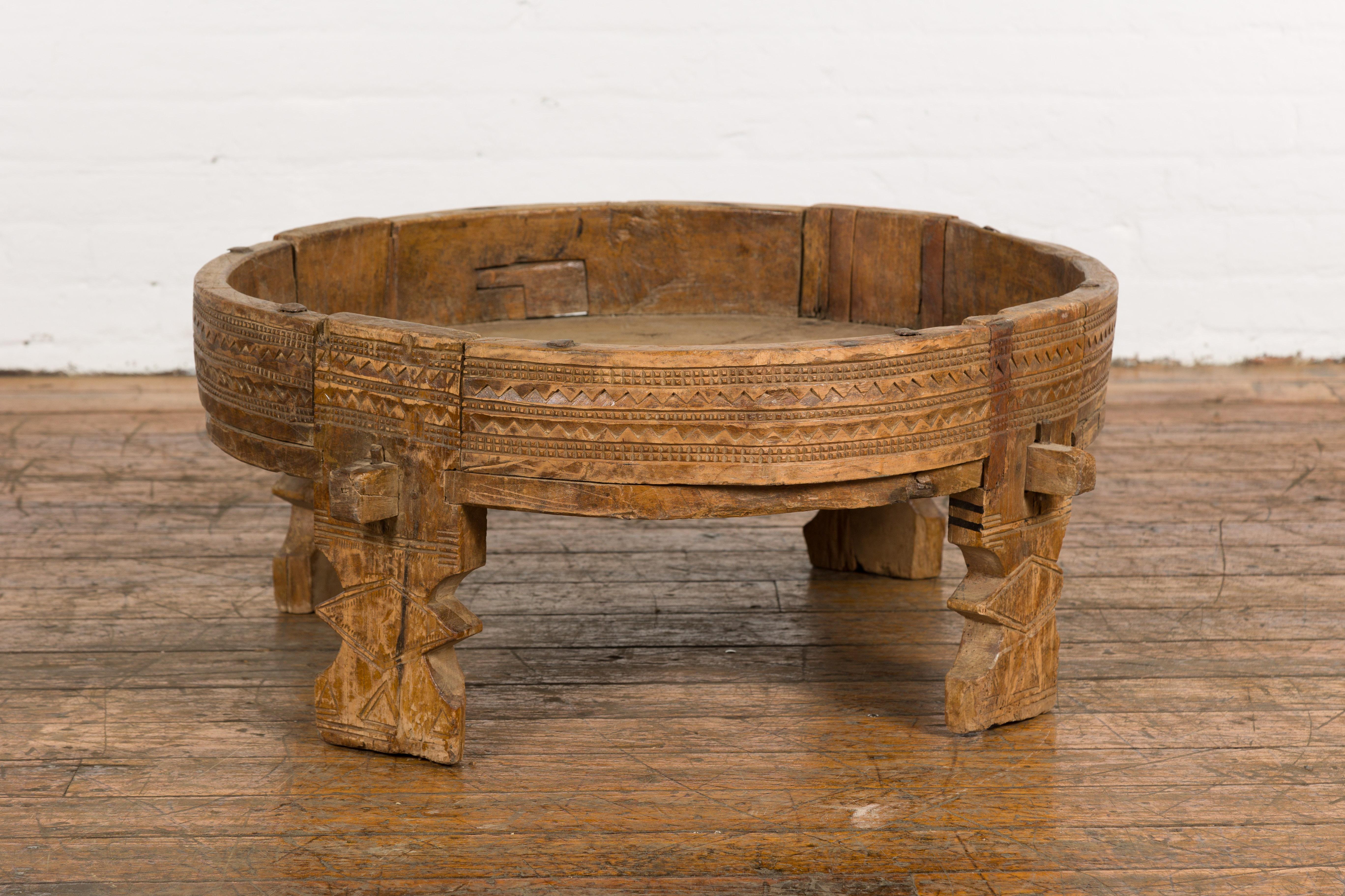 Tribal Indian 1920s Teak Chakki Grinding Table with Geometric Carved Motifs For Sale 6