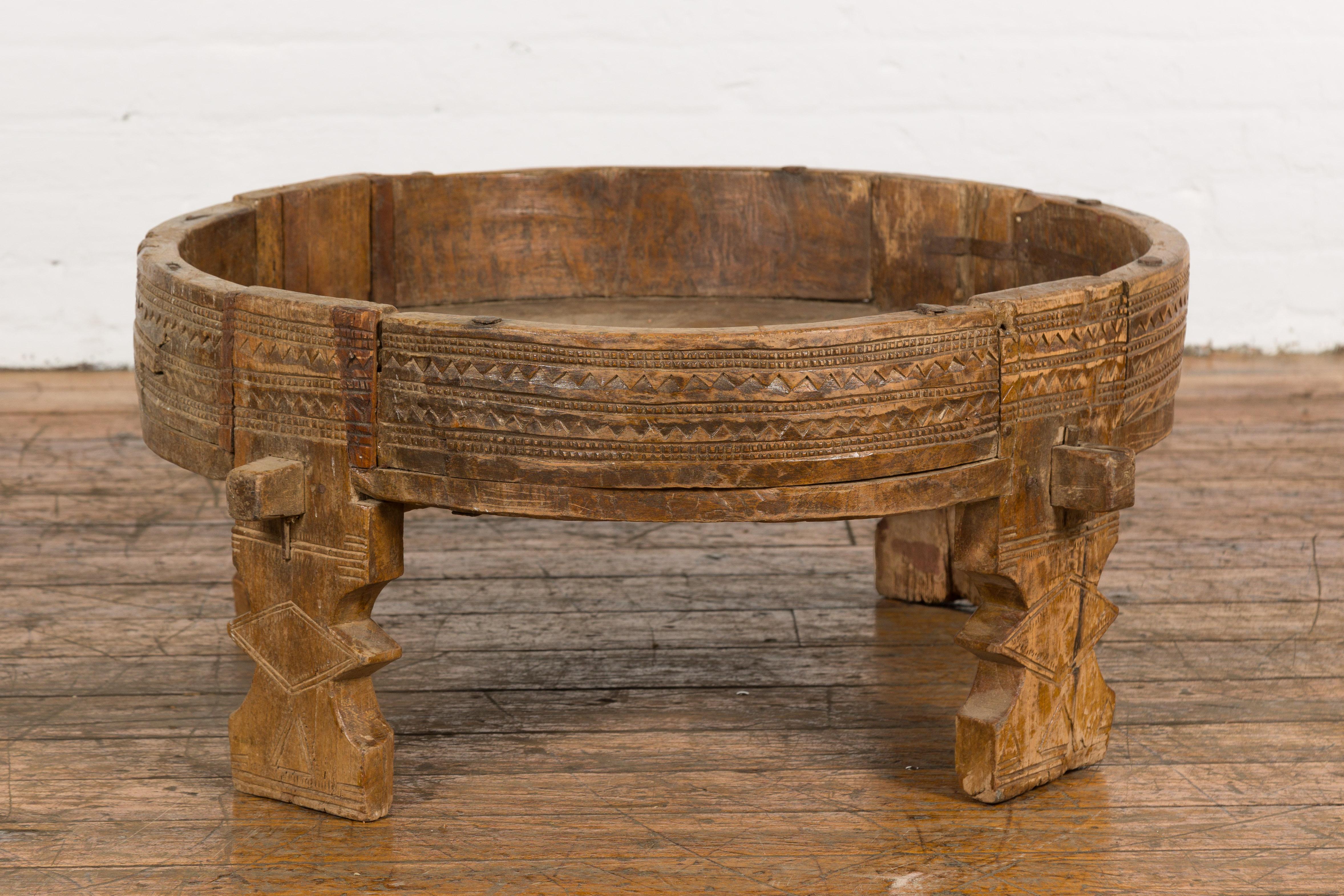 Tribal Indian 1920s Teak Chakki Grinding Table with Geometric Carved Motifs For Sale 6