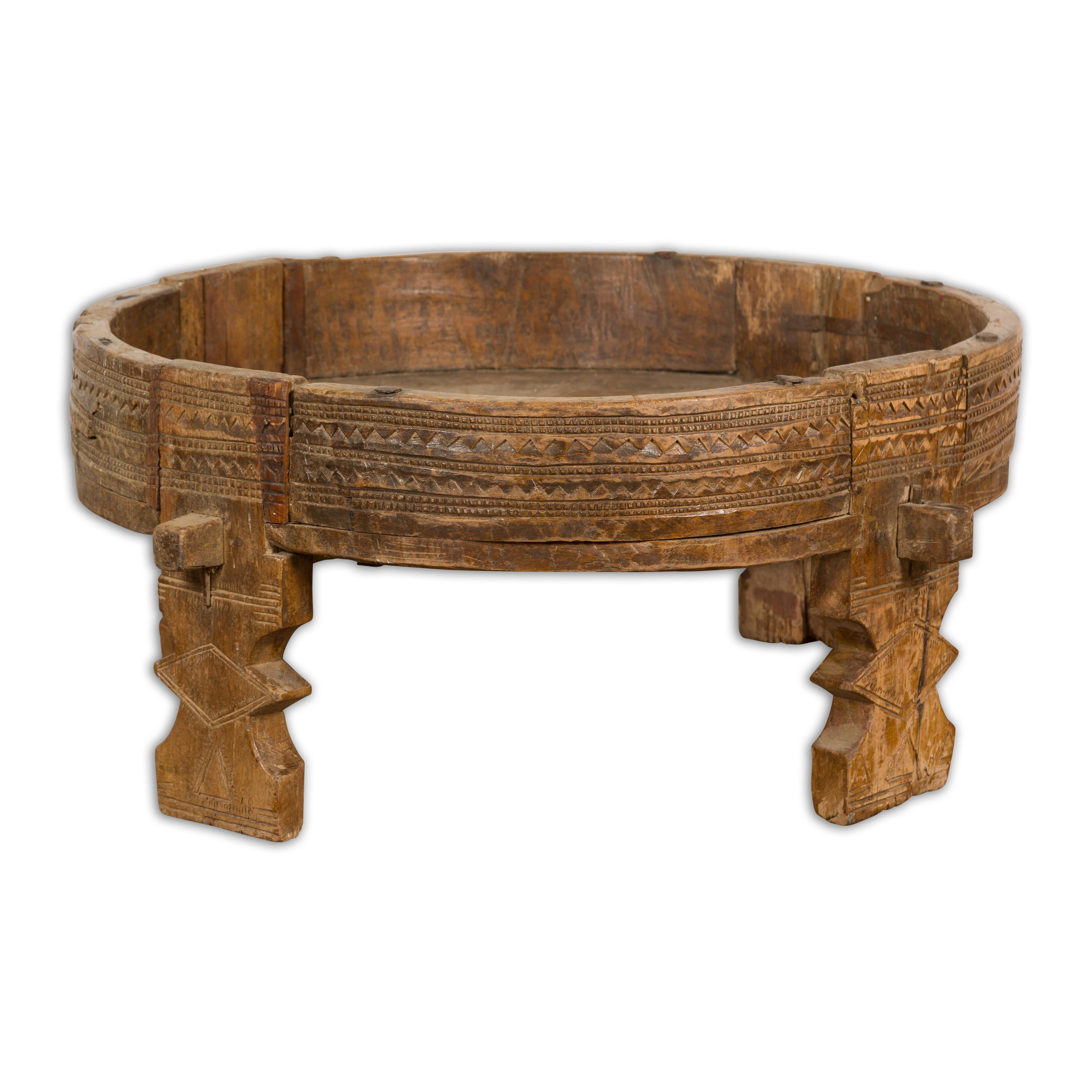 Tribal Indian 1920s Teak Chakki Grinding Table with Geometric Carved Motifs For Sale 9