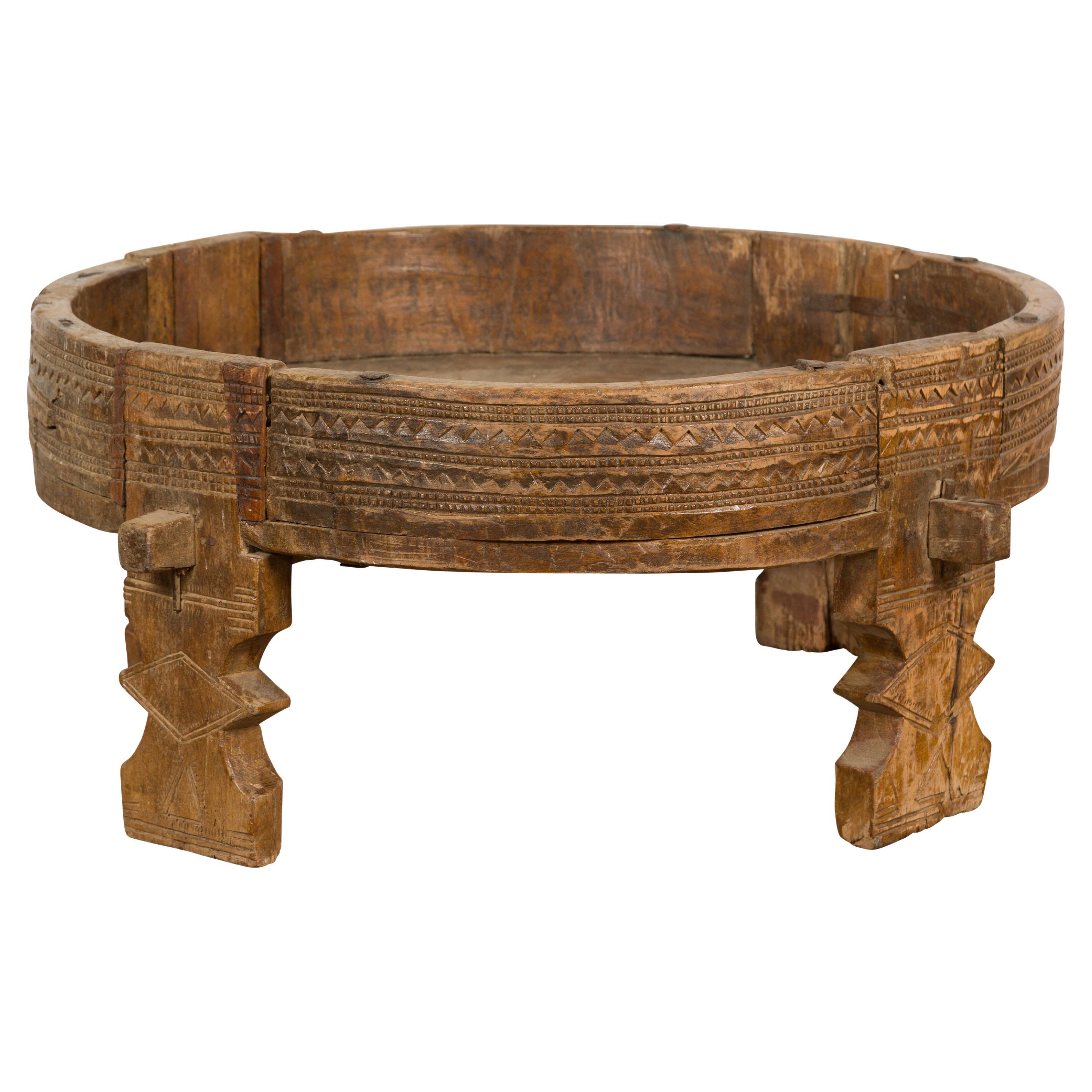 Tribal Indian 1920s Teak Chakki Grinding Table with Geometric Carved Motifs For Sale
