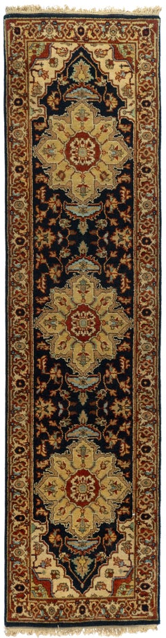 Tribal Indian Hand-Knotted Bergama Wool Runner Rug 3x10 Navy