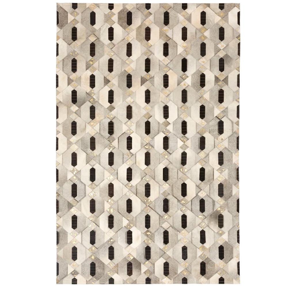 Grand tapis Linaje personnalisable d'inspiration tribale en cuir de vache gris, noir et or XX-Large