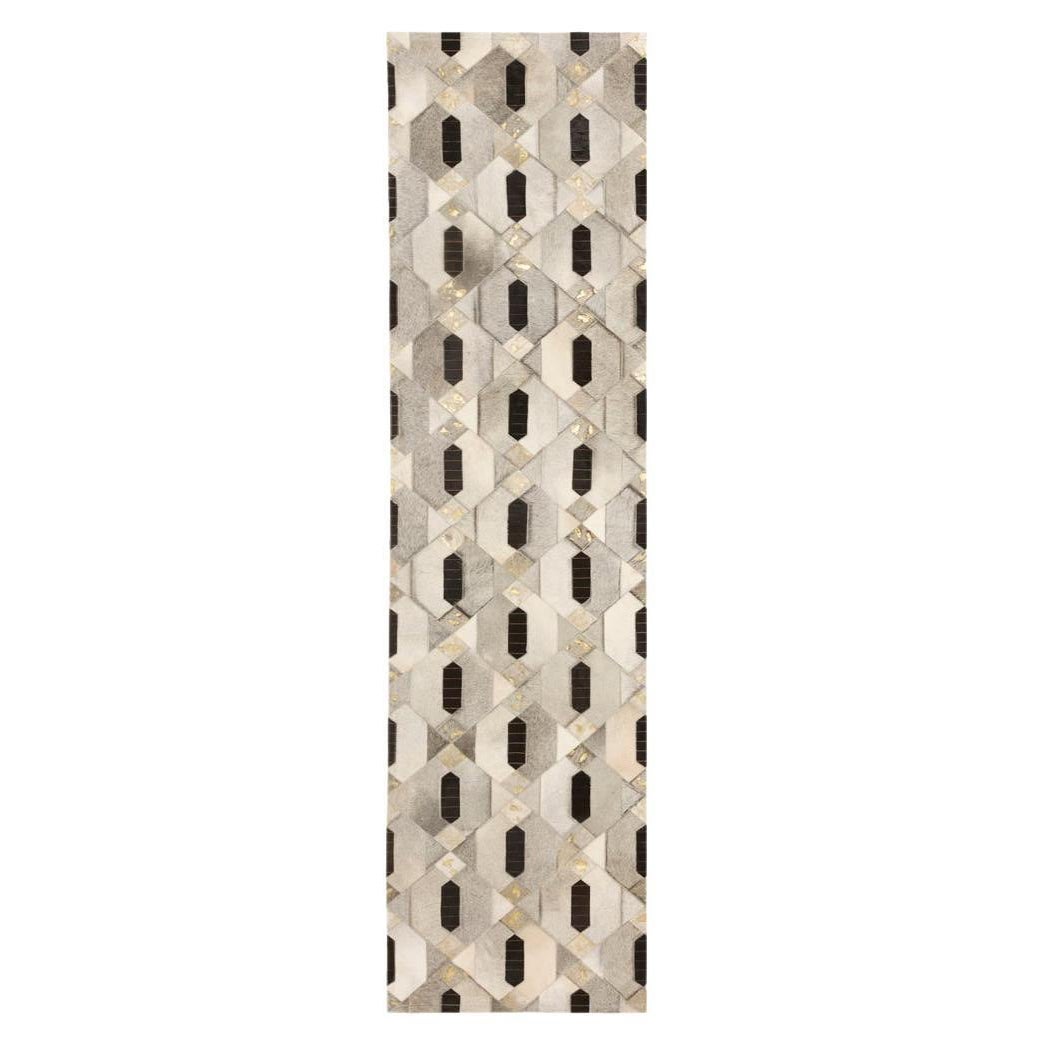 Stammesmotiv inspirierter anpassbarer Läufer aus grauem, schwarzem und goldenem Rindsleder Medium