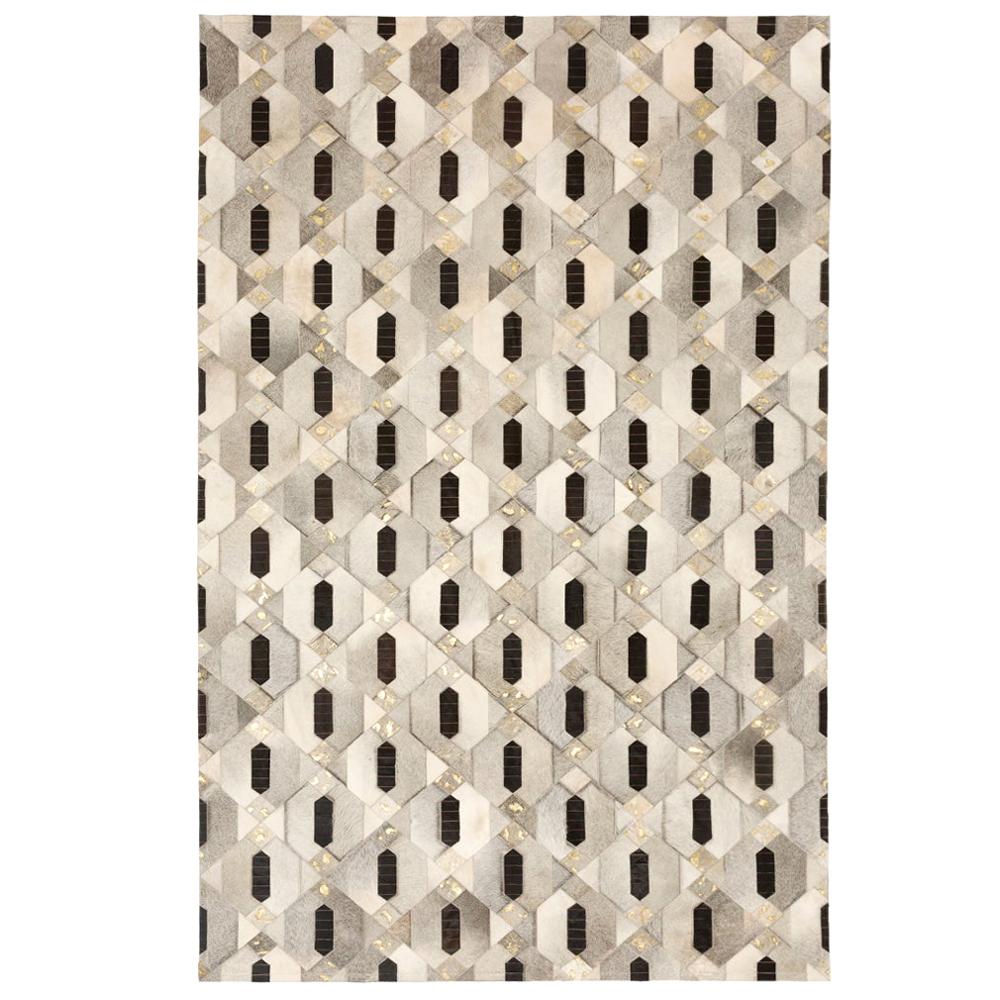 Grand tapis Linaje personnalisable d'inspiration tribale en cuir de vache gris, noir et or en vente