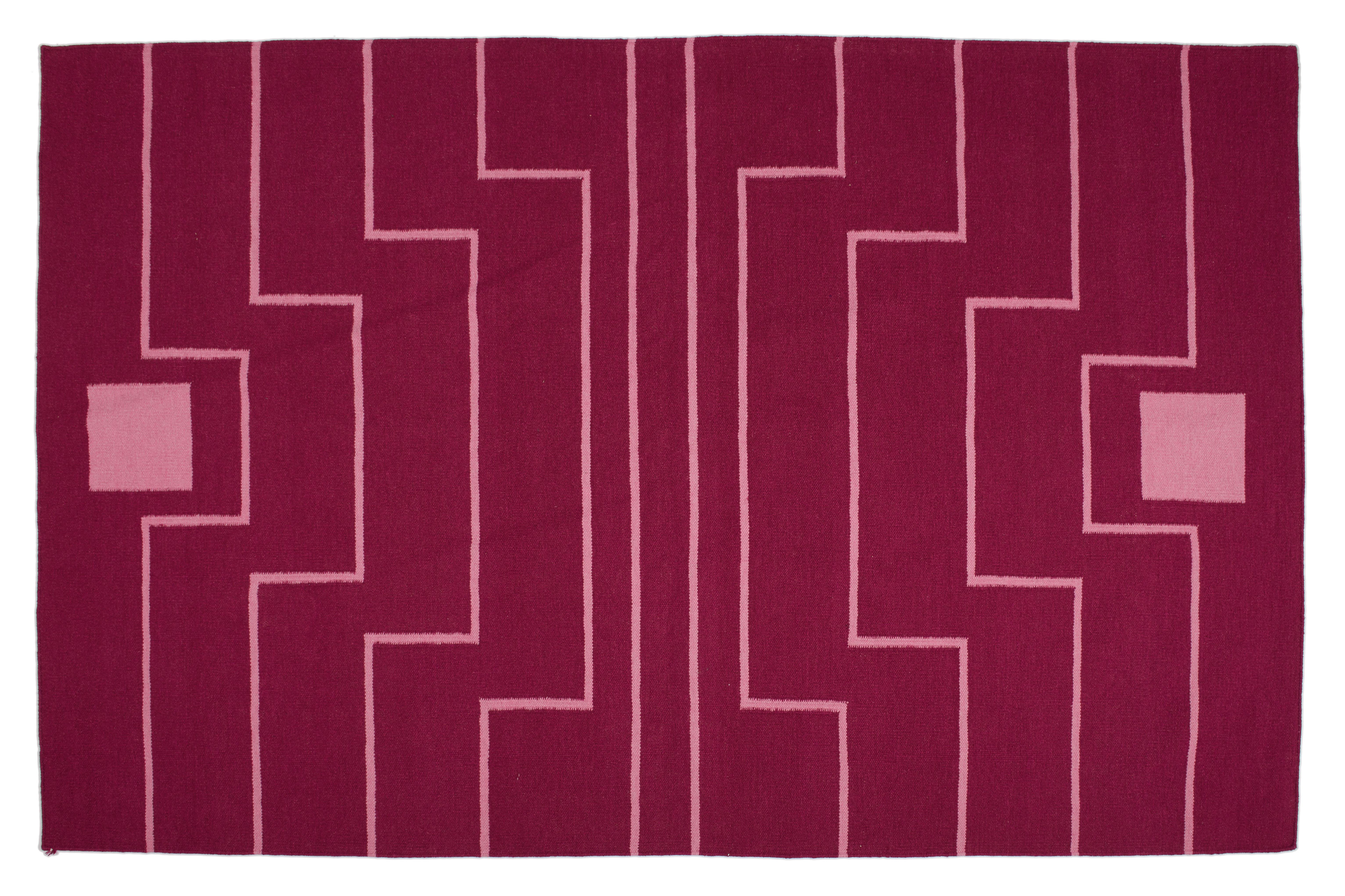 Indian Tribal Inspired Flat-Woven Dhurrie Red Maroon Pink Graphic Rug 5'x8'