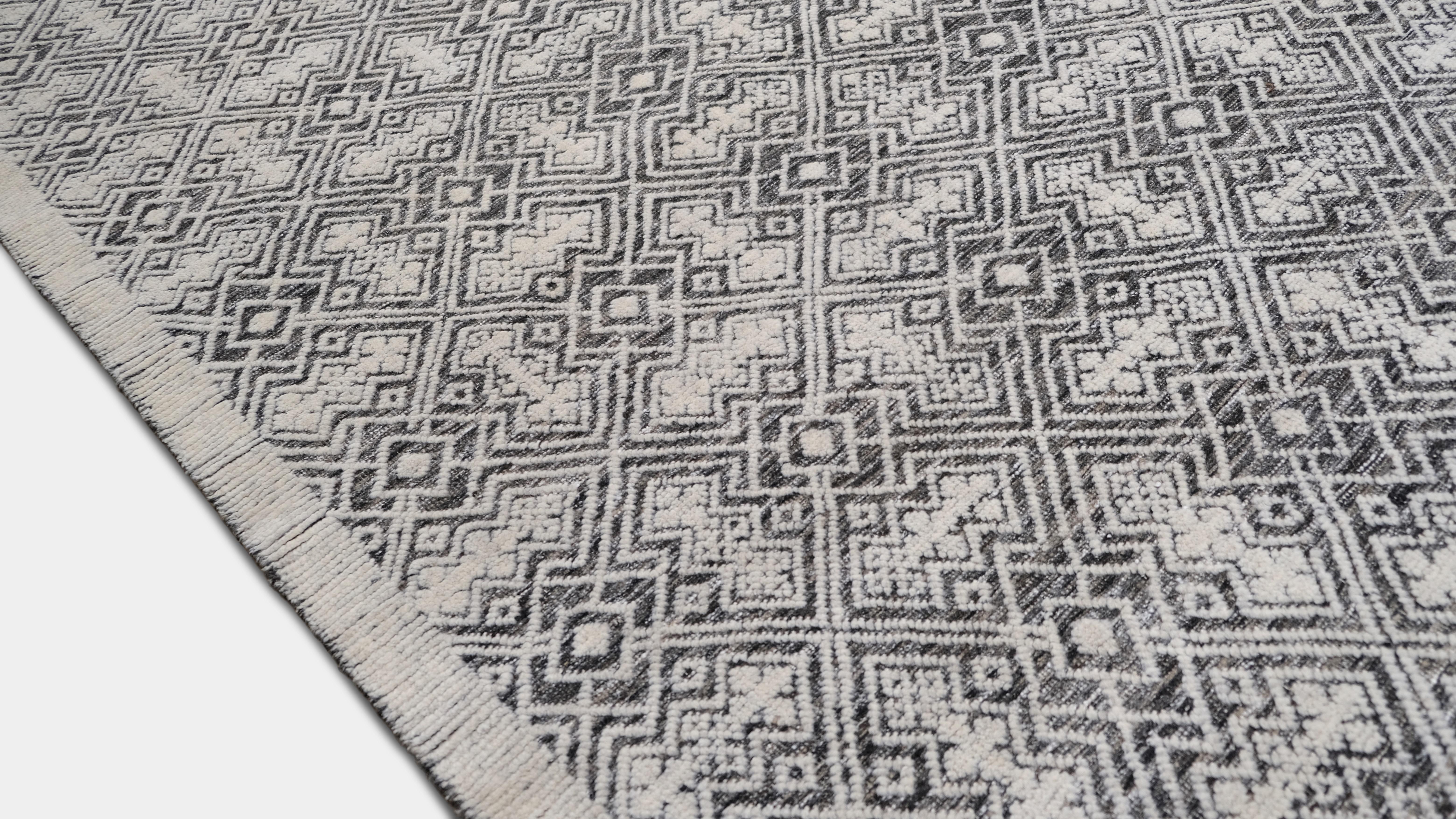 Scandinavian Modern Tribal-inspired geometric pattern Ivory Wool Rug 11'10''x15' For Sale