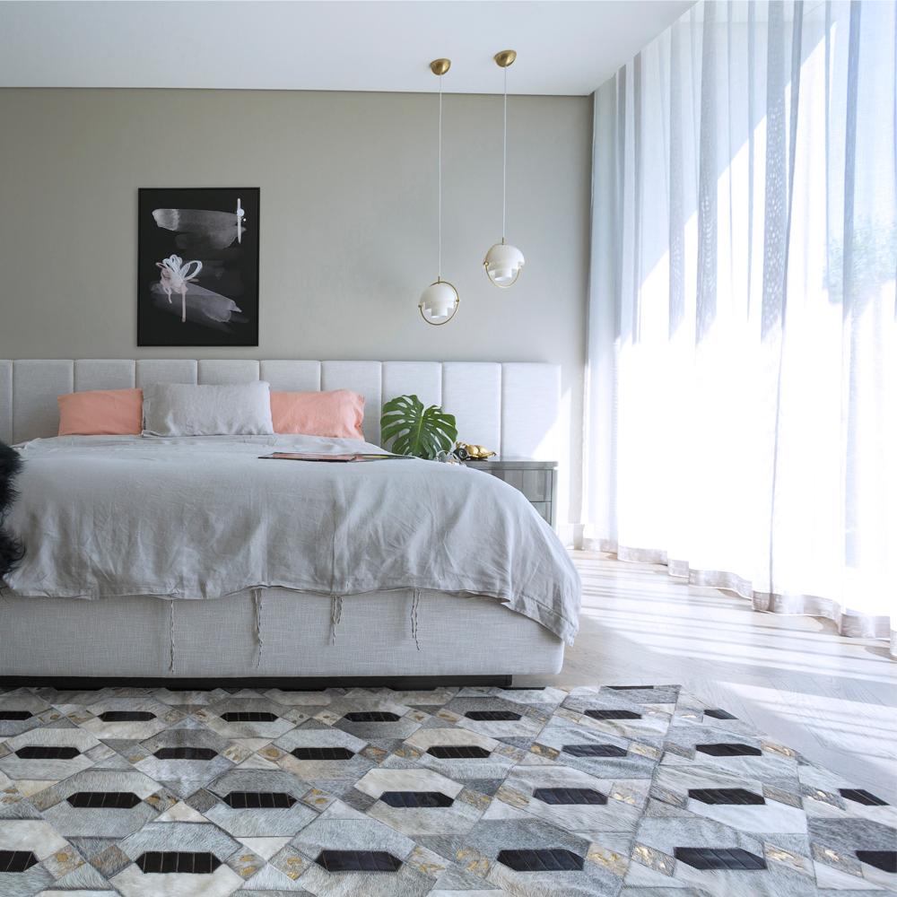 Art Deco Tribal Inspired Linaje Gray, Black and Gold Cowhide Rug