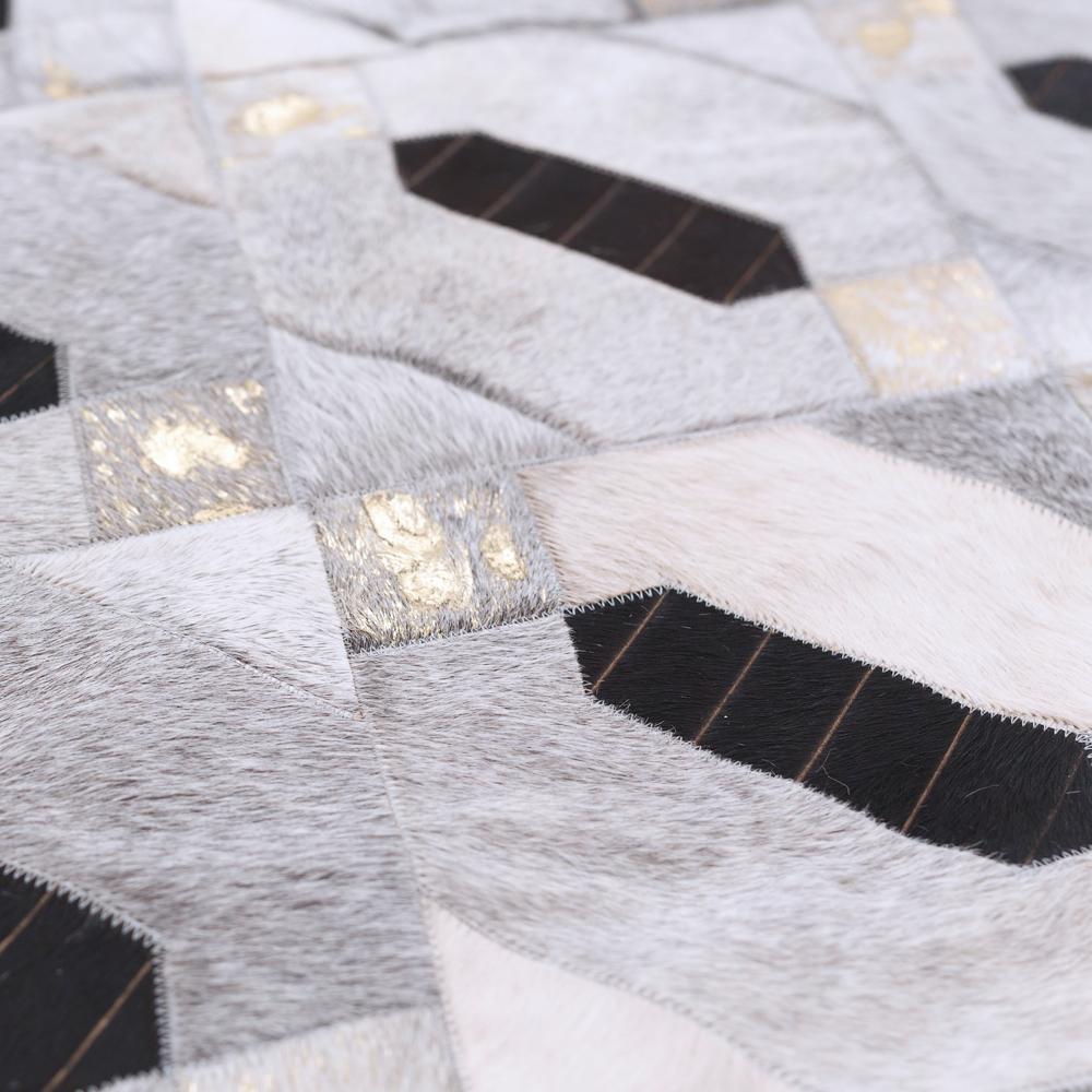 Pakistani Tribal Inspired Linaje Gray, Black and Gold Cowhide Rug For Sale