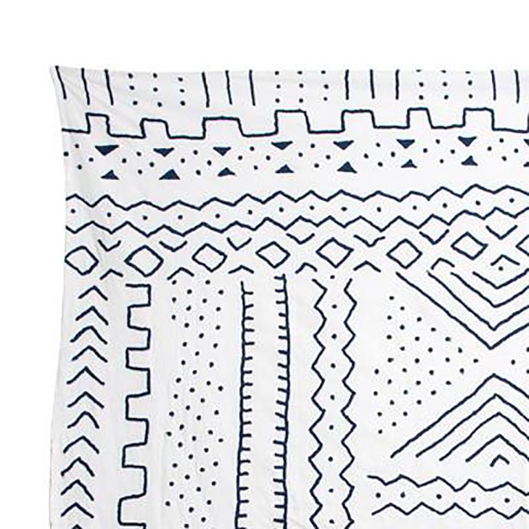 Indian Tribal Inspired White and Navy Embroidered Coverlet Bedspread or Wall Hanging For Sale