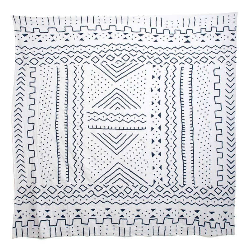 Tribal Inspired White and Navy Embroidered Coverlet Bedspread or Wall Hanging For Sale