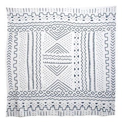 Tribal Inspired White and Navy Embroidered Coverlet Bedspread or Wall Hanging