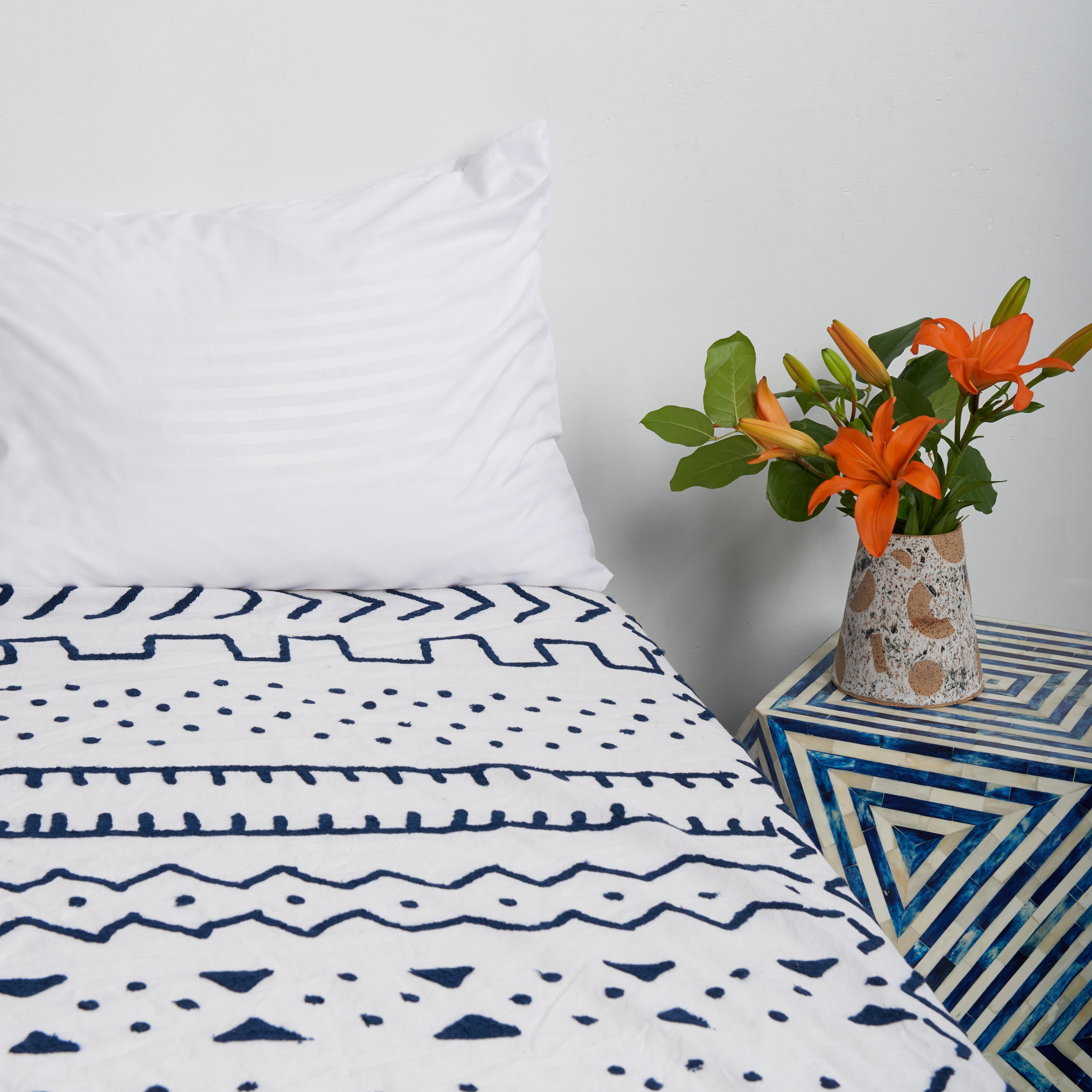 Indian Tribal Inspired White and Navy Embroidered Coverlet Bedspread / Wall Hanging For Sale