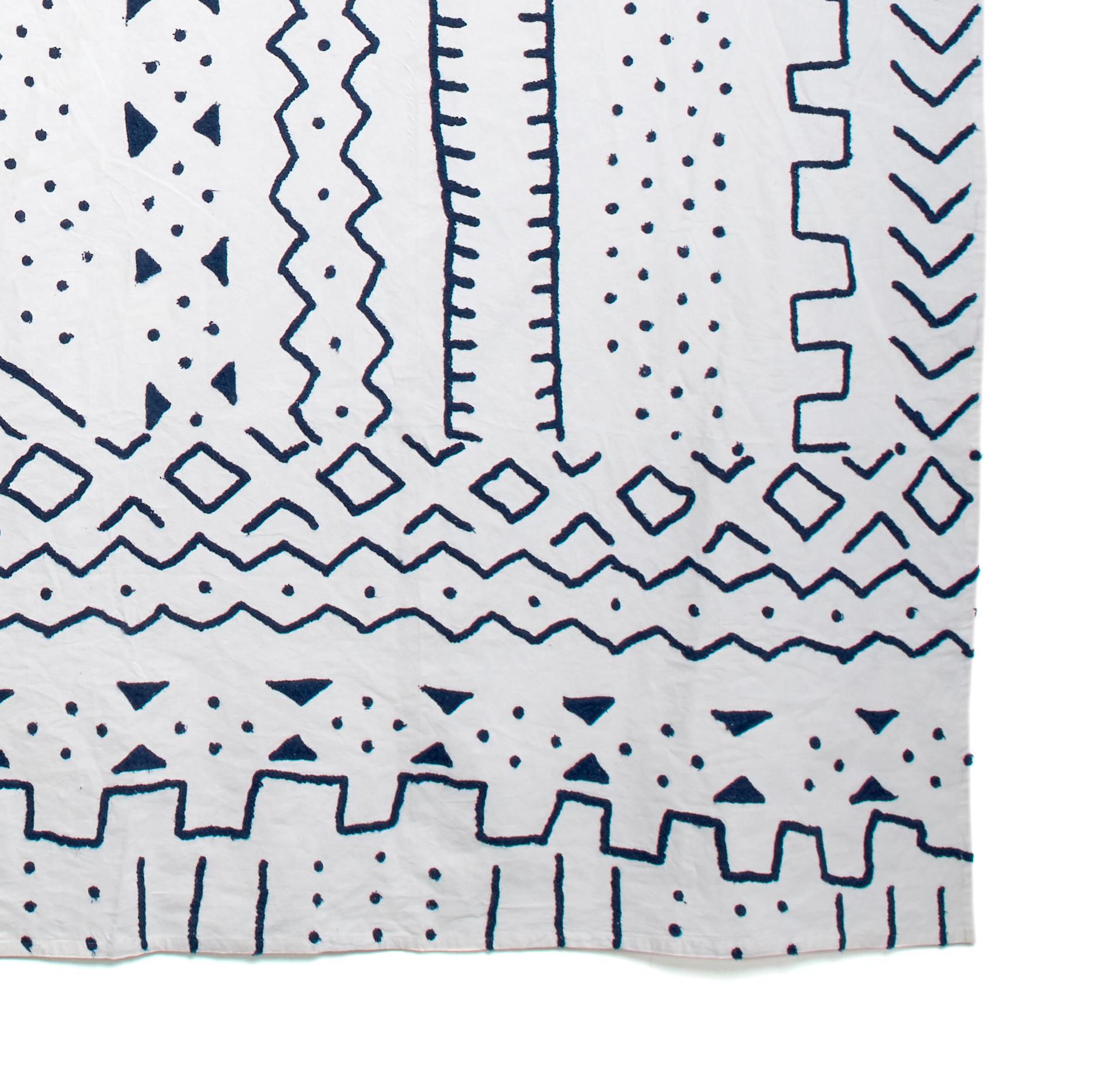 Tribal Inspired White and Navy Embroidered Coverlet Bedspread / Wall Hanging In Excellent Condition For Sale In Brooklyn, NY