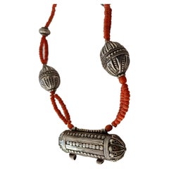 Antique Tribal Jewelry Coral Silver Necklace Yemen