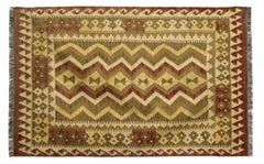 Tribal Kilim Rug, Geometric Vintage Carpet Cream Brown Flatweave Rug