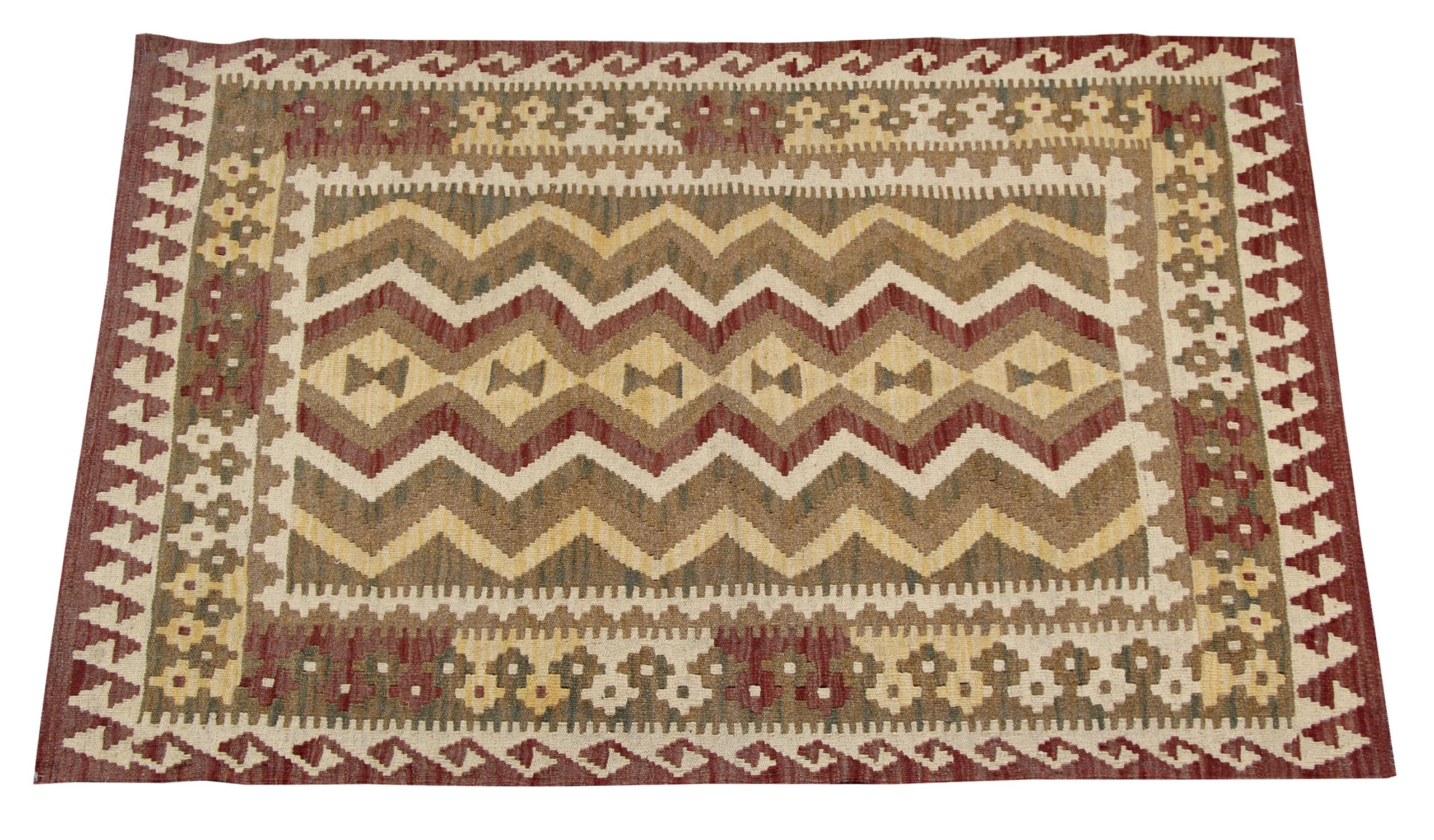 Afghan Tribal Kilim Rug, Geometric Vintage Carpet Cream Brown Flatweave Rug For Sale