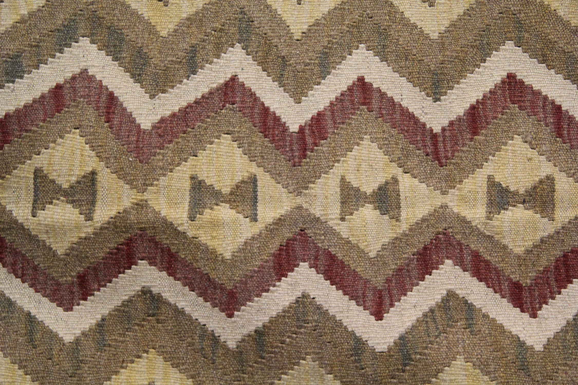 Hand-Knotted Tribal Kilim Rug, Geometric Vintage Carpet Cream Brown Flatweave Rug For Sale