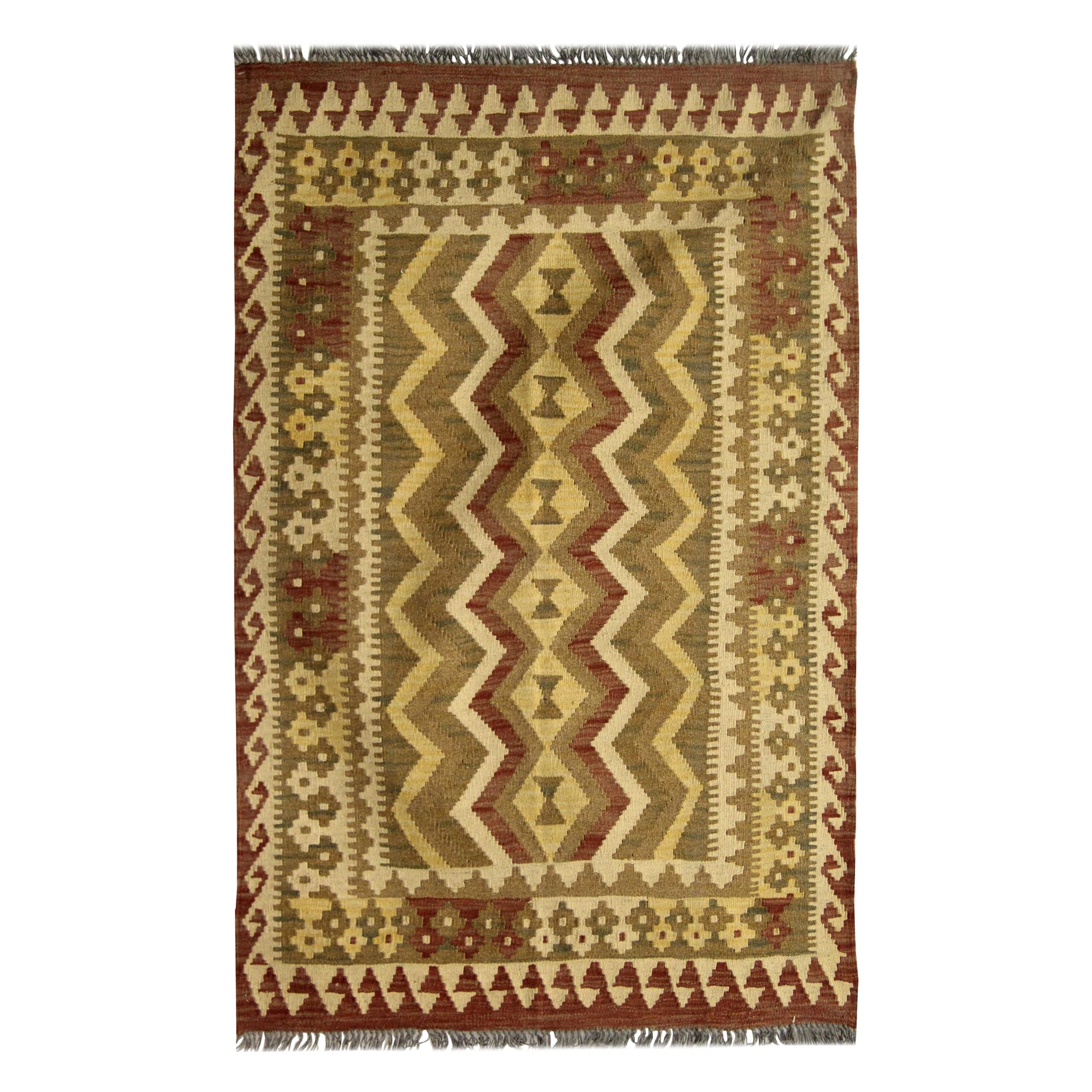 Tribal Kilim Rug, Geometric Vintage Carpet Cream Brown Flatweave Rug