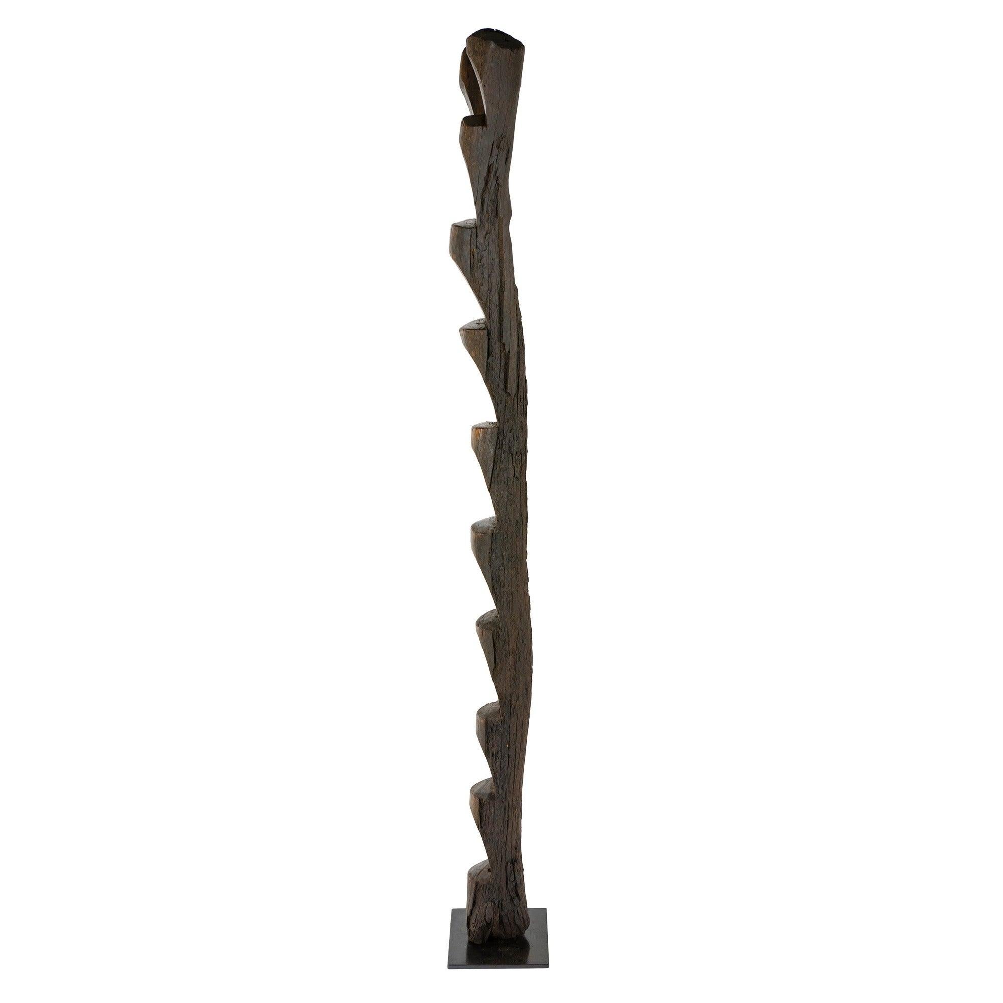 A mounted Dogon ladder carved from a single hardwood log, having nine (9) steps and a split top. Traditionally used by the Dogon (Mali) to access their homes which were built into the sides of sandstone cliffs, early 20th century.