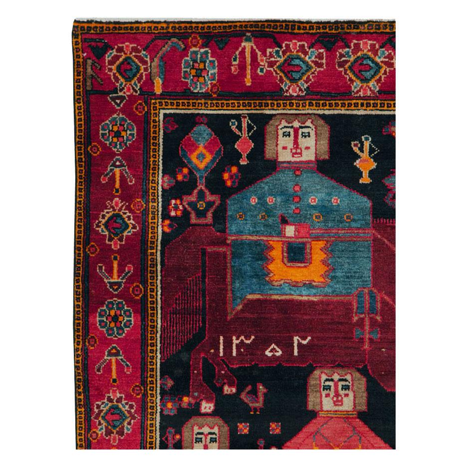 Hand-Knotted Tribal Late 20th Century Handmade Persian Pictorial Bakhtiari Accent Rug For Sale