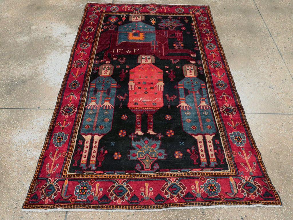 Tribal Late 20th Century Handmade Persian Pictorial Bakhtiari Accent Rug In Excellent Condition For Sale In New York, NY