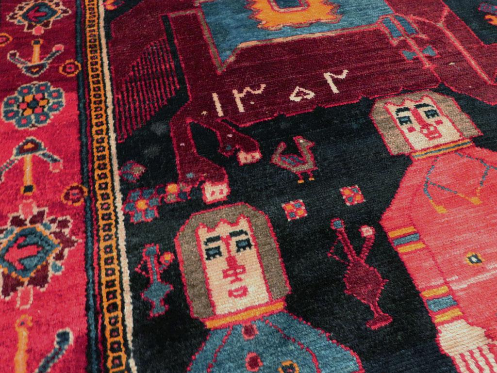 Wool Tribal Late 20th Century Handmade Persian Pictorial Bakhtiari Accent Rug For Sale