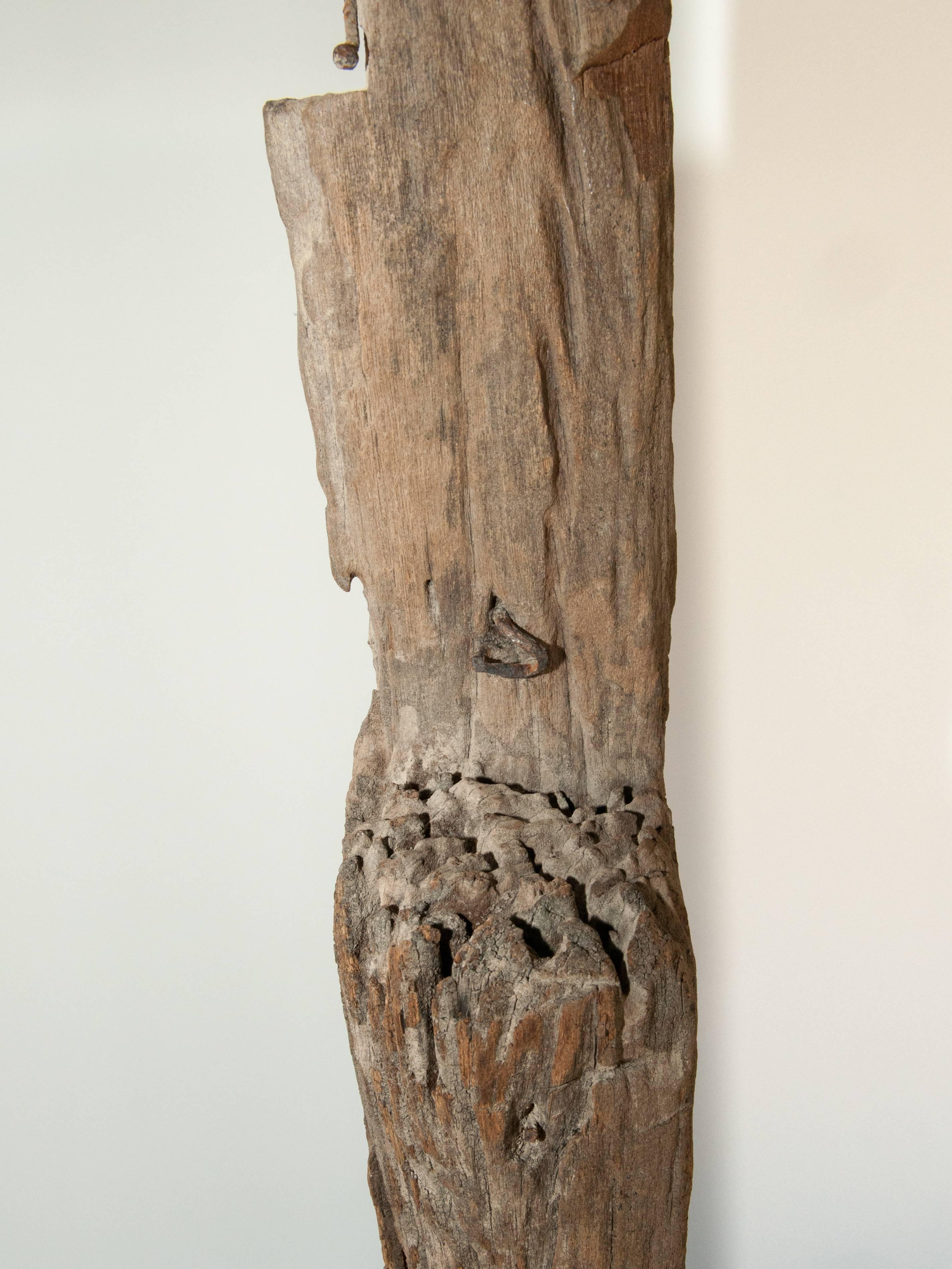Hand-Carved Tribal Marking Post, Spring Marker, Tharu of Nepal, Mid-20th Century, Metal Base
