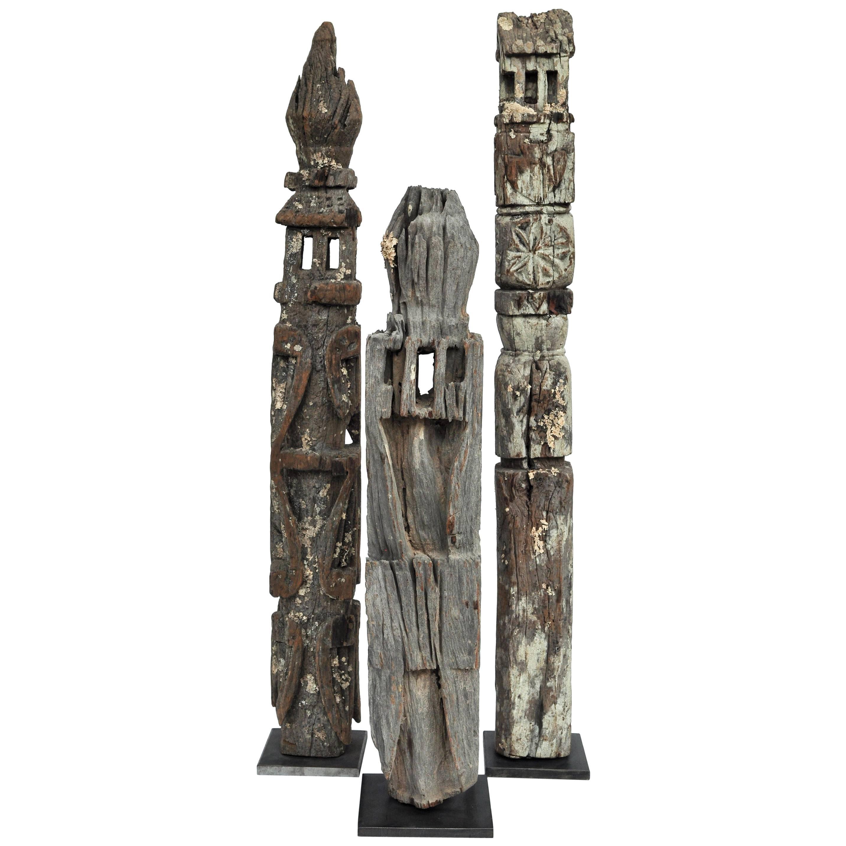 Tribal Marking Posts from West Nepal, Set of Three, Early to Mid-20th Century