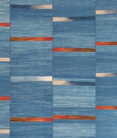 Tribal Mazandaran Blue Flatweave Wool Rug in Blue and Red