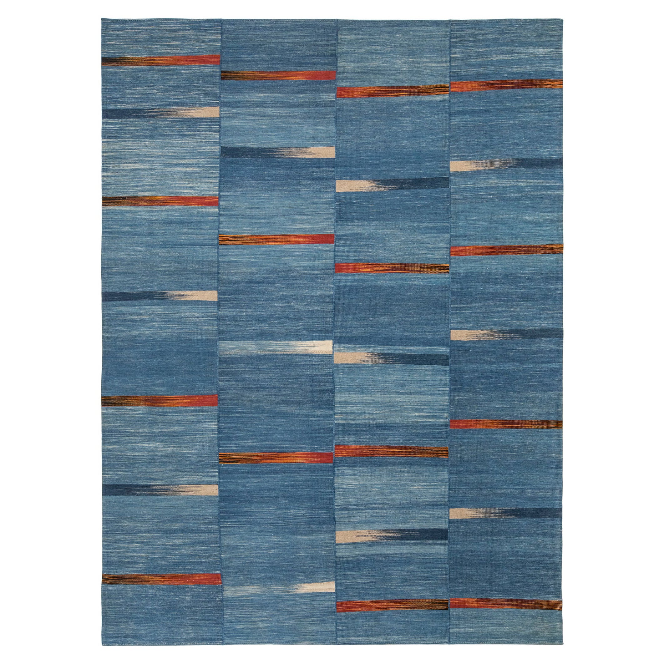 Blauer Flachgewebter Wollteppich in Blau und Rot mit Stammesmotiven von Mazandaran
