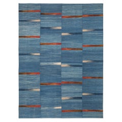 Tribal Mazandaran Blue Flatweave Wool Rug in Blue and Red