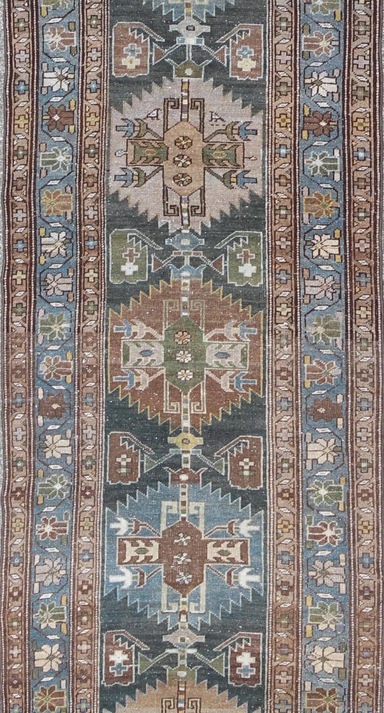 Hand-Knotted Tribal Medallion Antique Persian Hamedan Runner in Tan, Taupe and Blue Tones For Sale