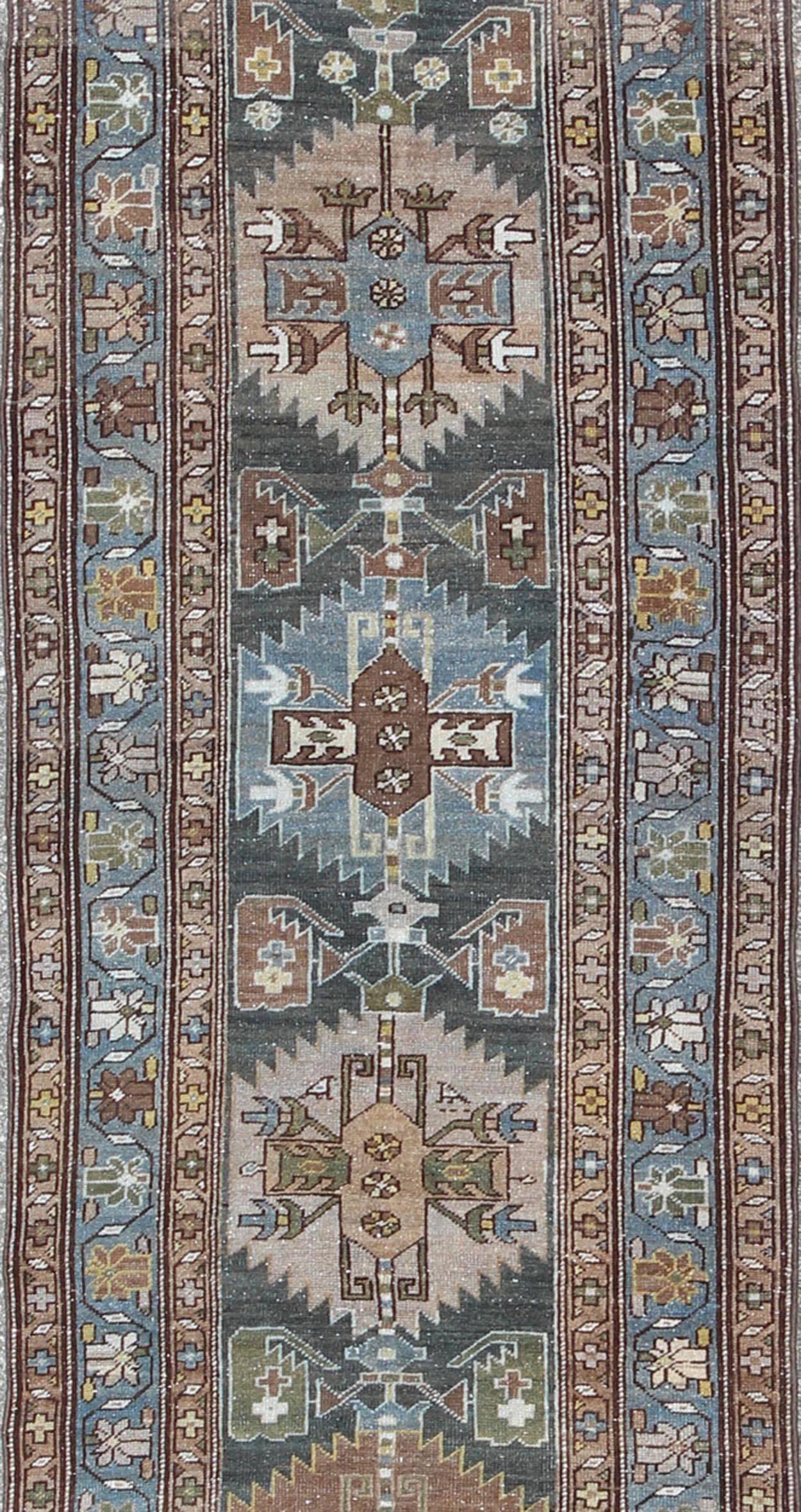 Tribal Medallion Antique Persian Hamedan Runner in Tan, Taupe and Blue Tones In Excellent Condition For Sale In Atlanta, GA