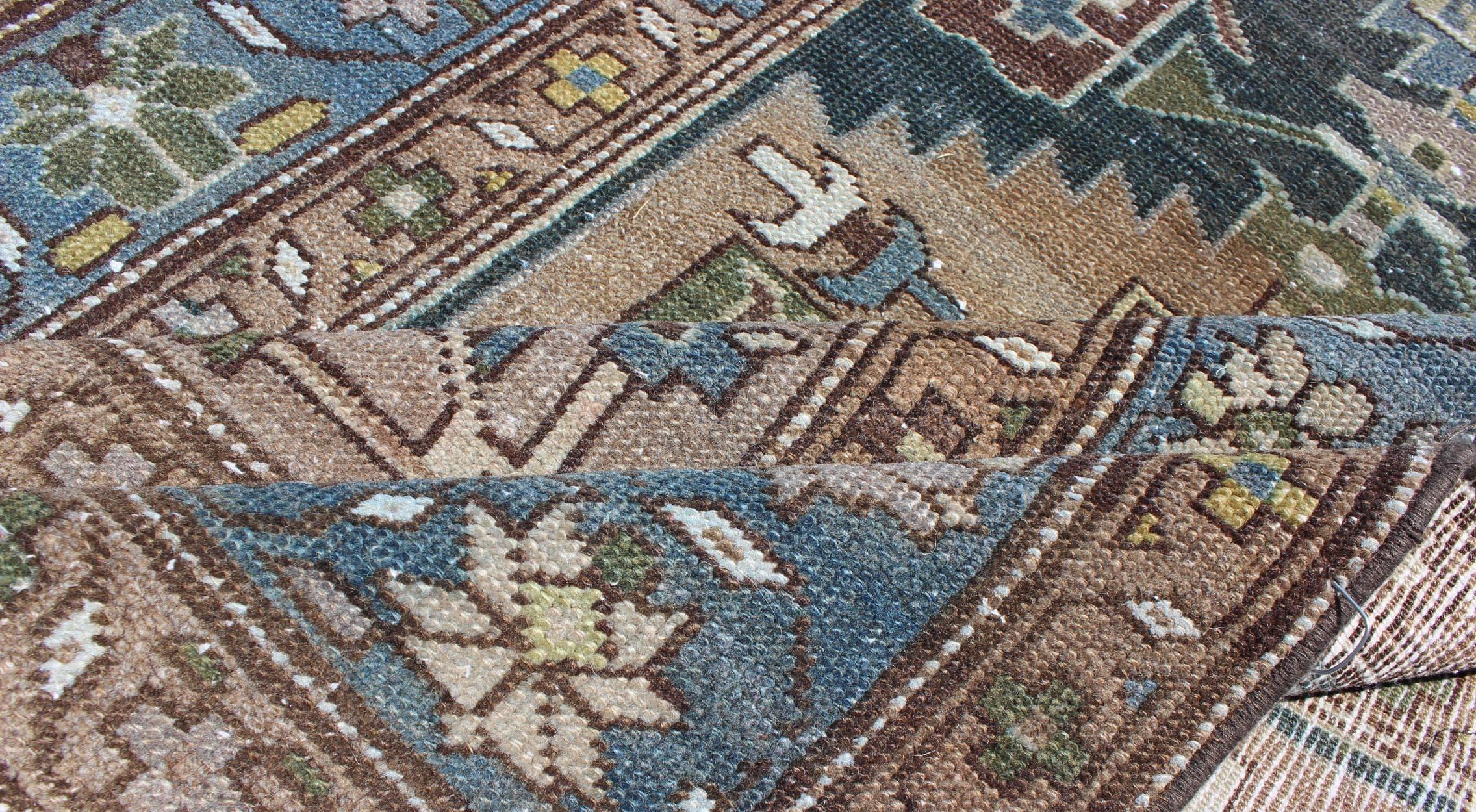 Early 20th Century Tribal Medallion Antique Persian Hamedan Runner in Tan, Taupe and Blue Tones For Sale