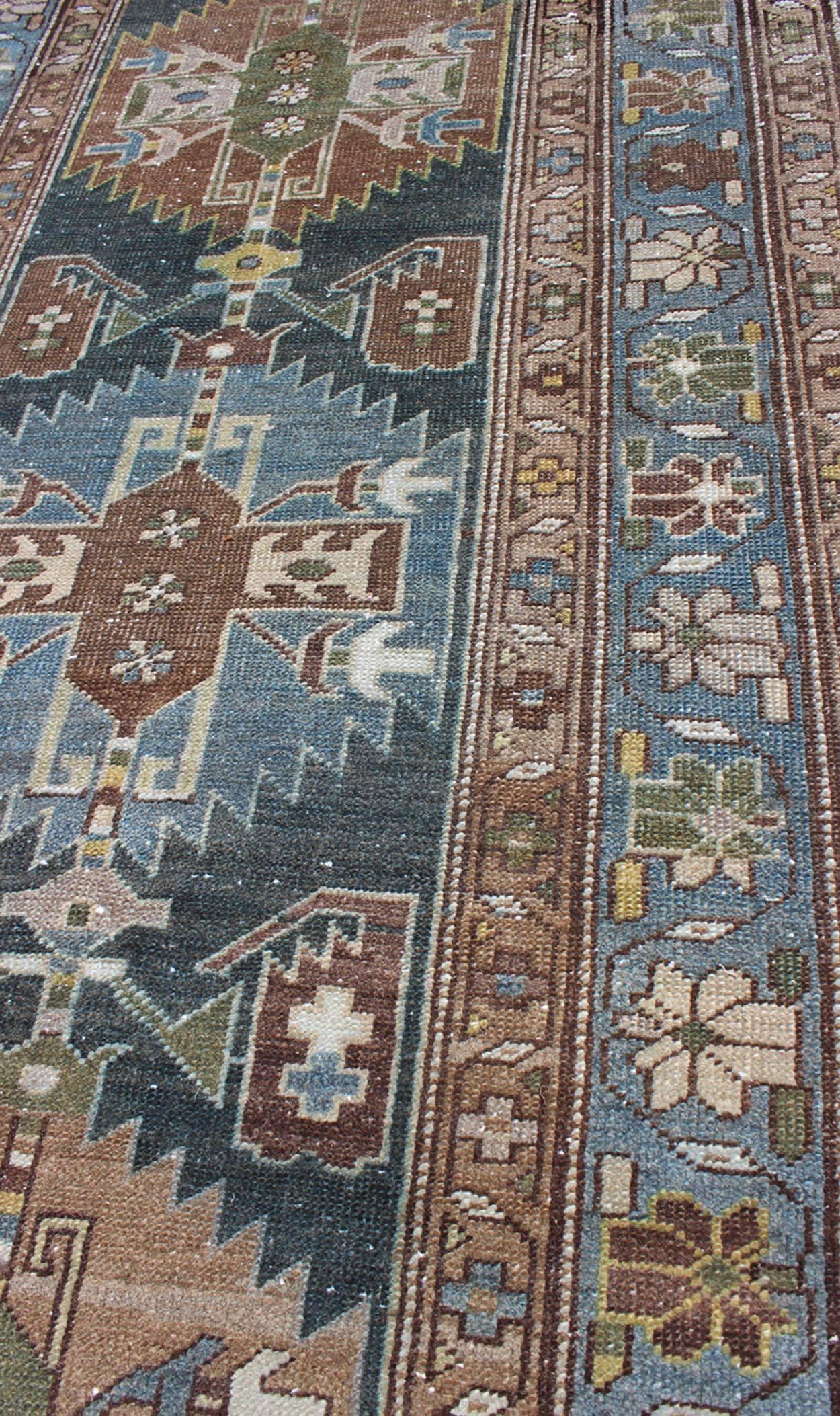 Wool Tribal Medallion Antique Persian Hamedan Runner in Tan, Taupe and Blue Tones For Sale