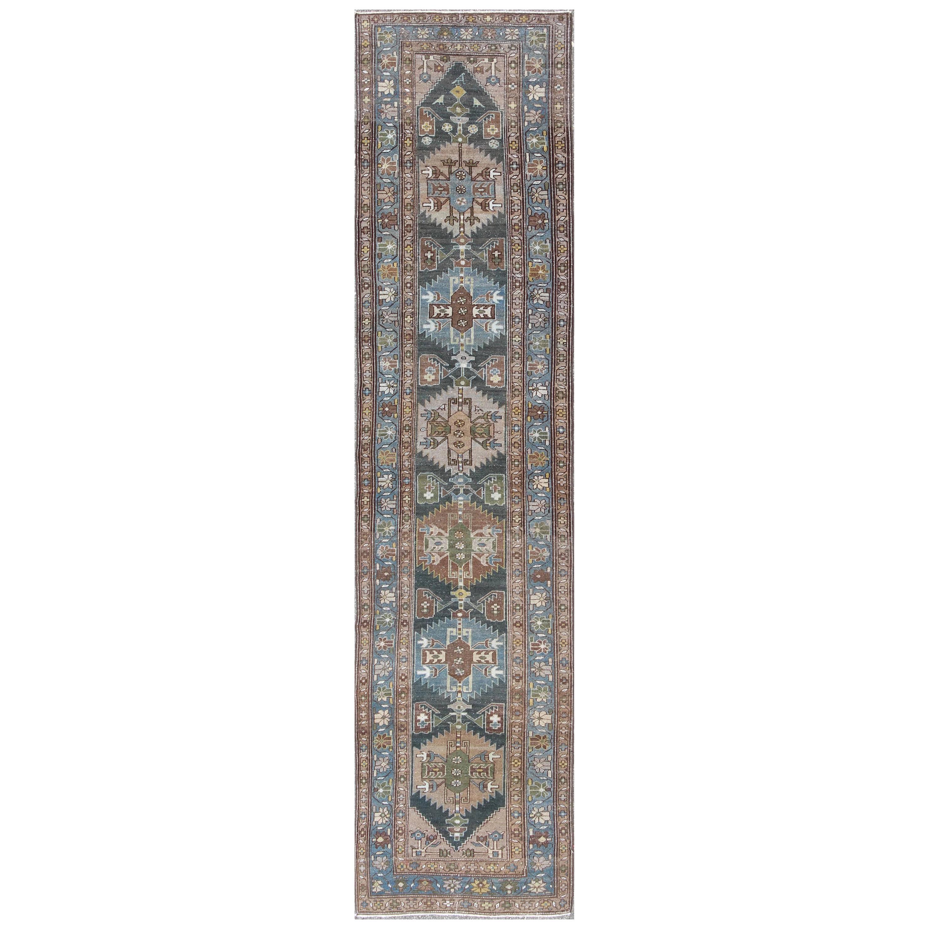 Tribal Medallion Antique Persian Hamedan Runner in Tan, Taupe and Blue Tones For Sale