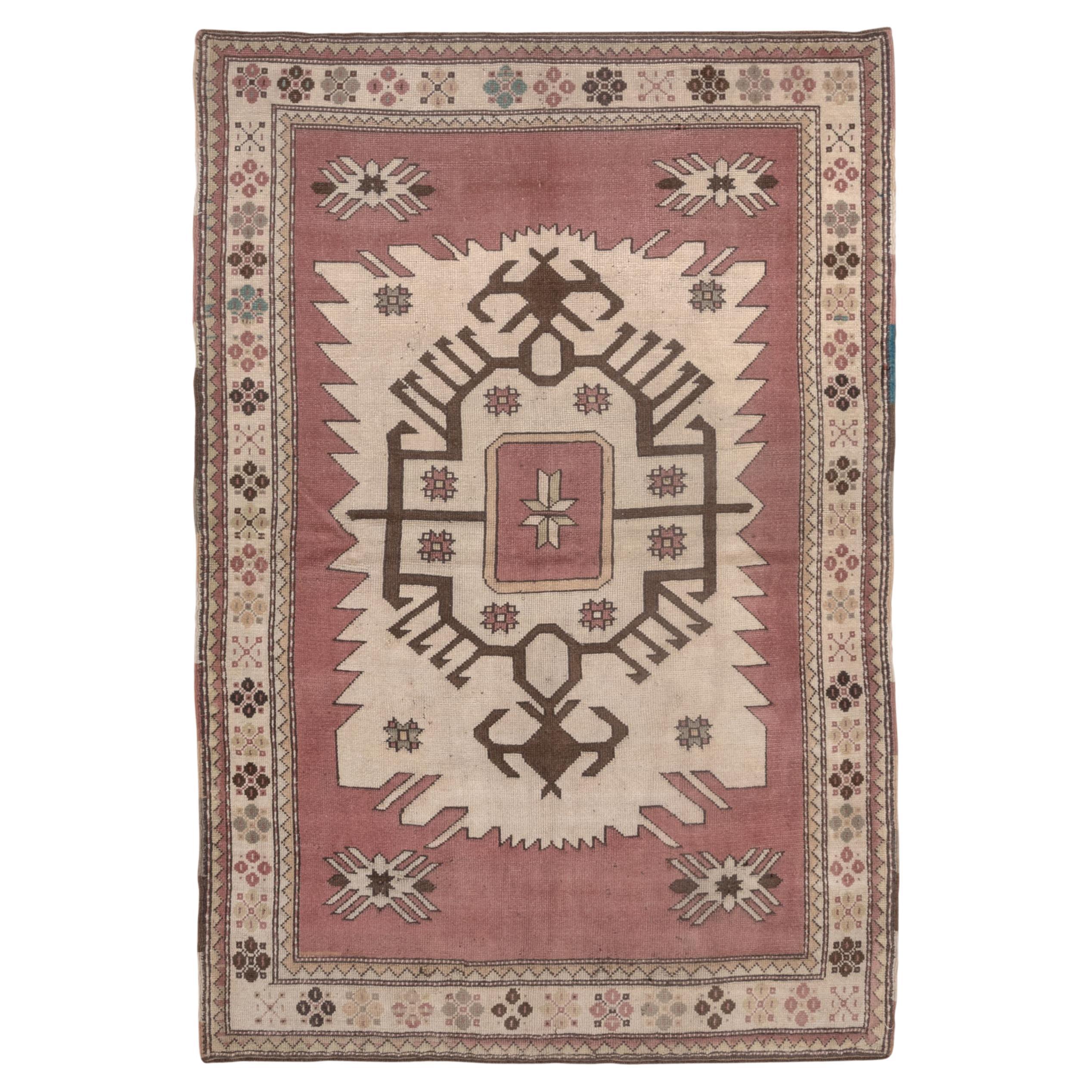 Tribal Medallion Antique Rug 1930s in Washed Brick Red