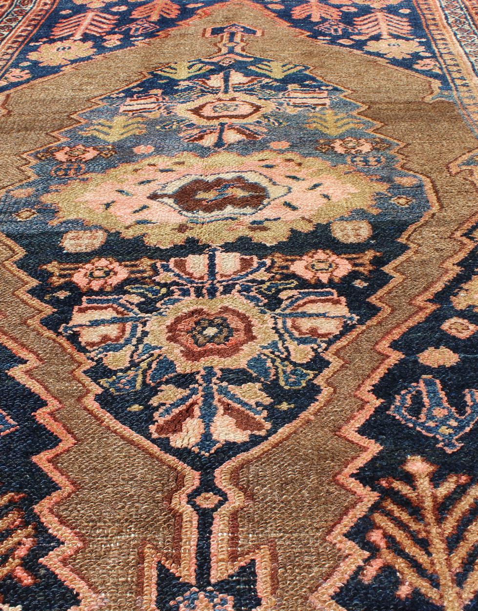 Tribal Medallion Design Antique Persian Serab Rug in Camel and Shades of Blue For Sale 4