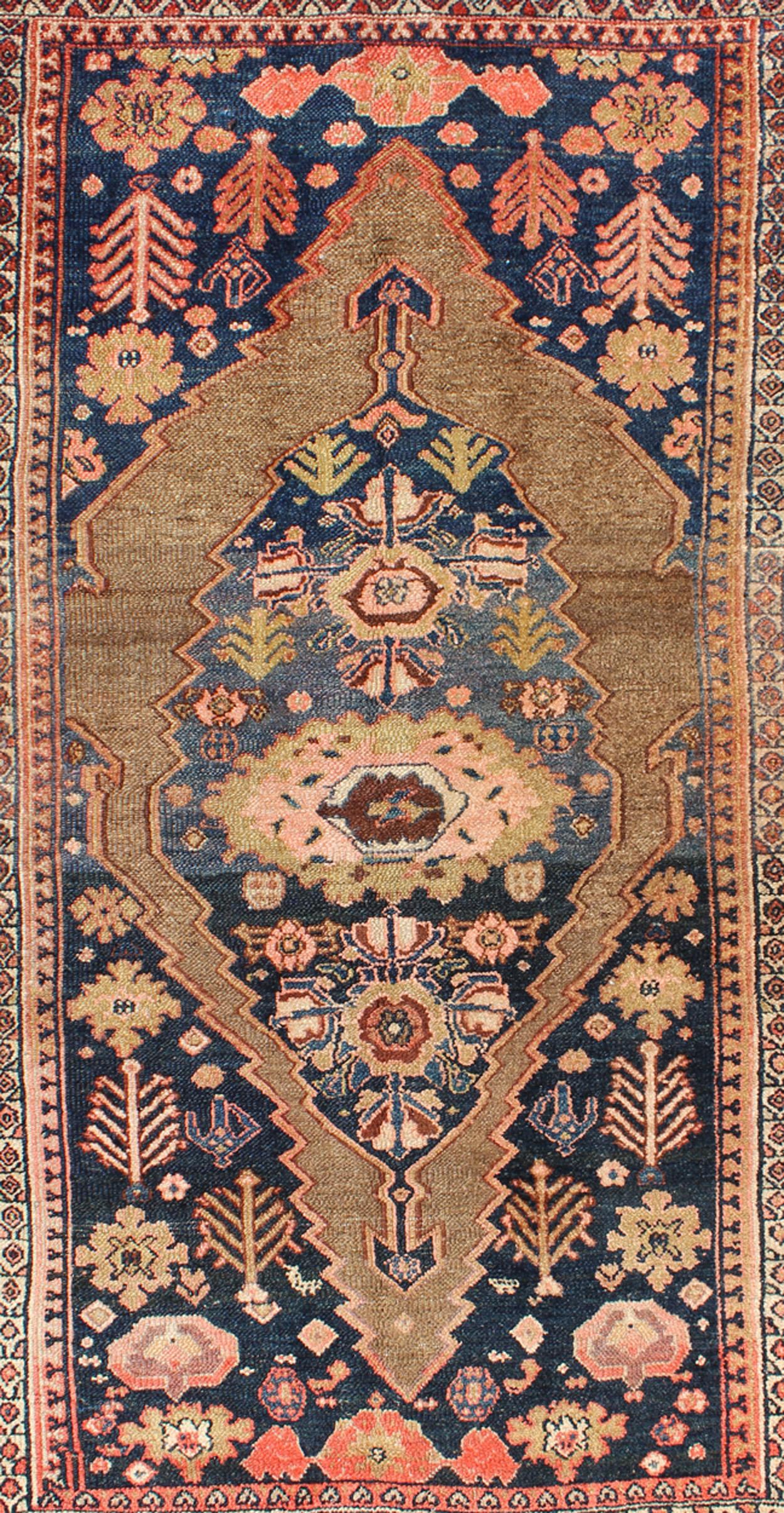 Hand-Knotted Tribal Medallion Design Antique Persian Serab Rug in Camel and Shades of Blue For Sale