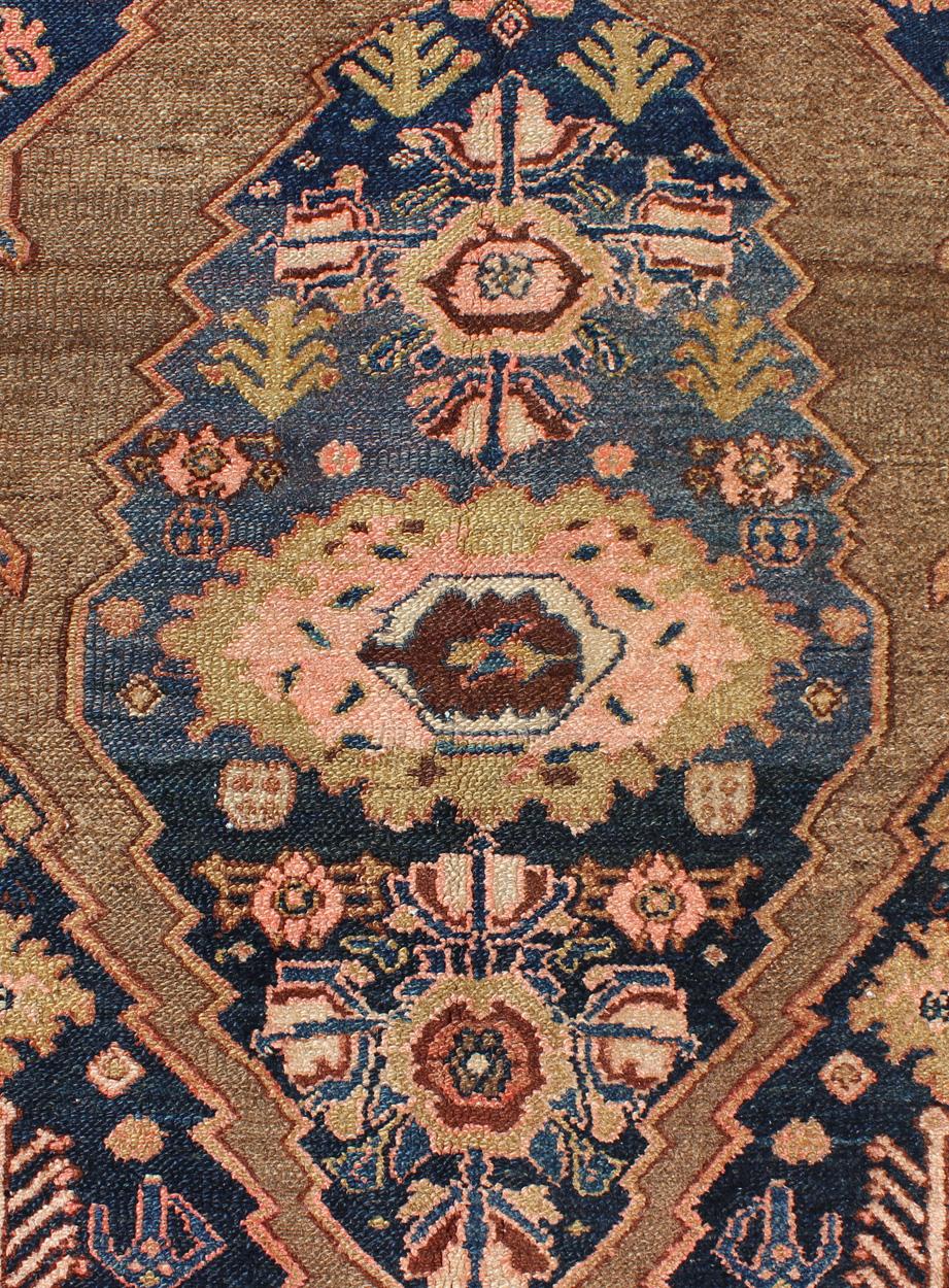 Wool Tribal Medallion Design Antique Persian Serab Rug in Camel and Shades of Blue For Sale