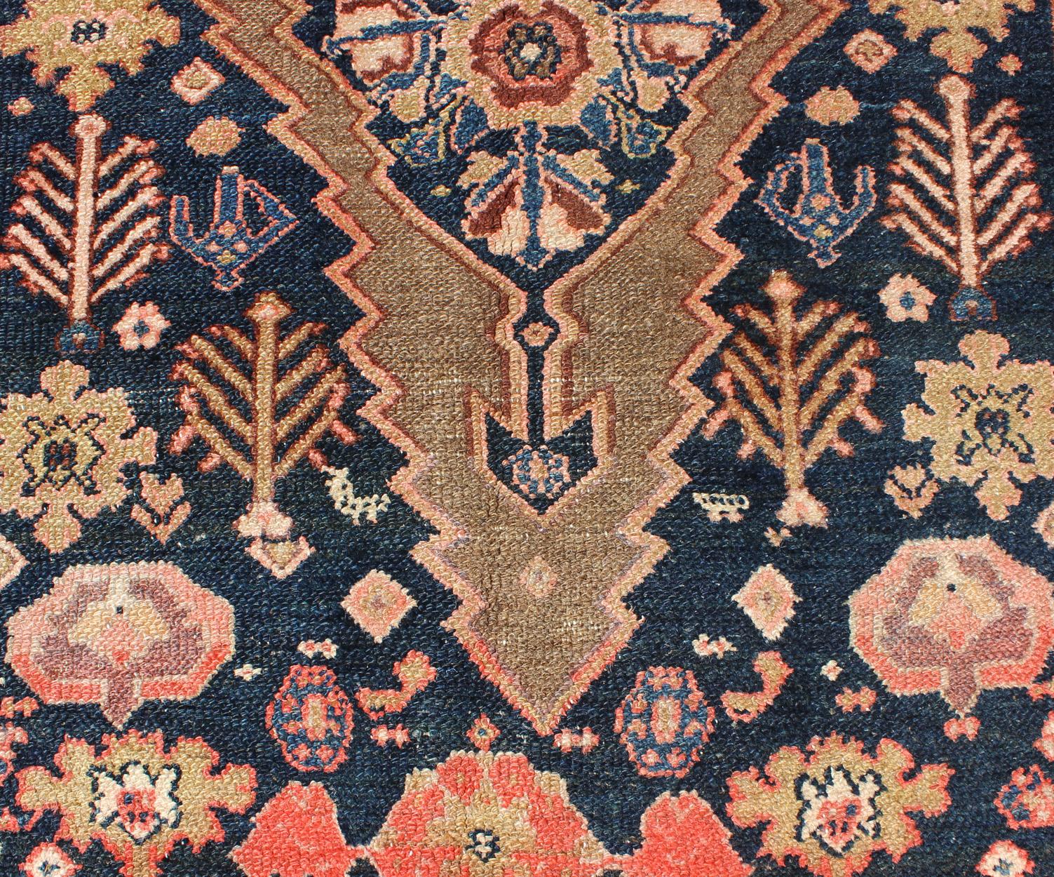 Tribal Medallion Design Antique Persian Serab Rug in Camel and Shades of Blue For Sale 2
