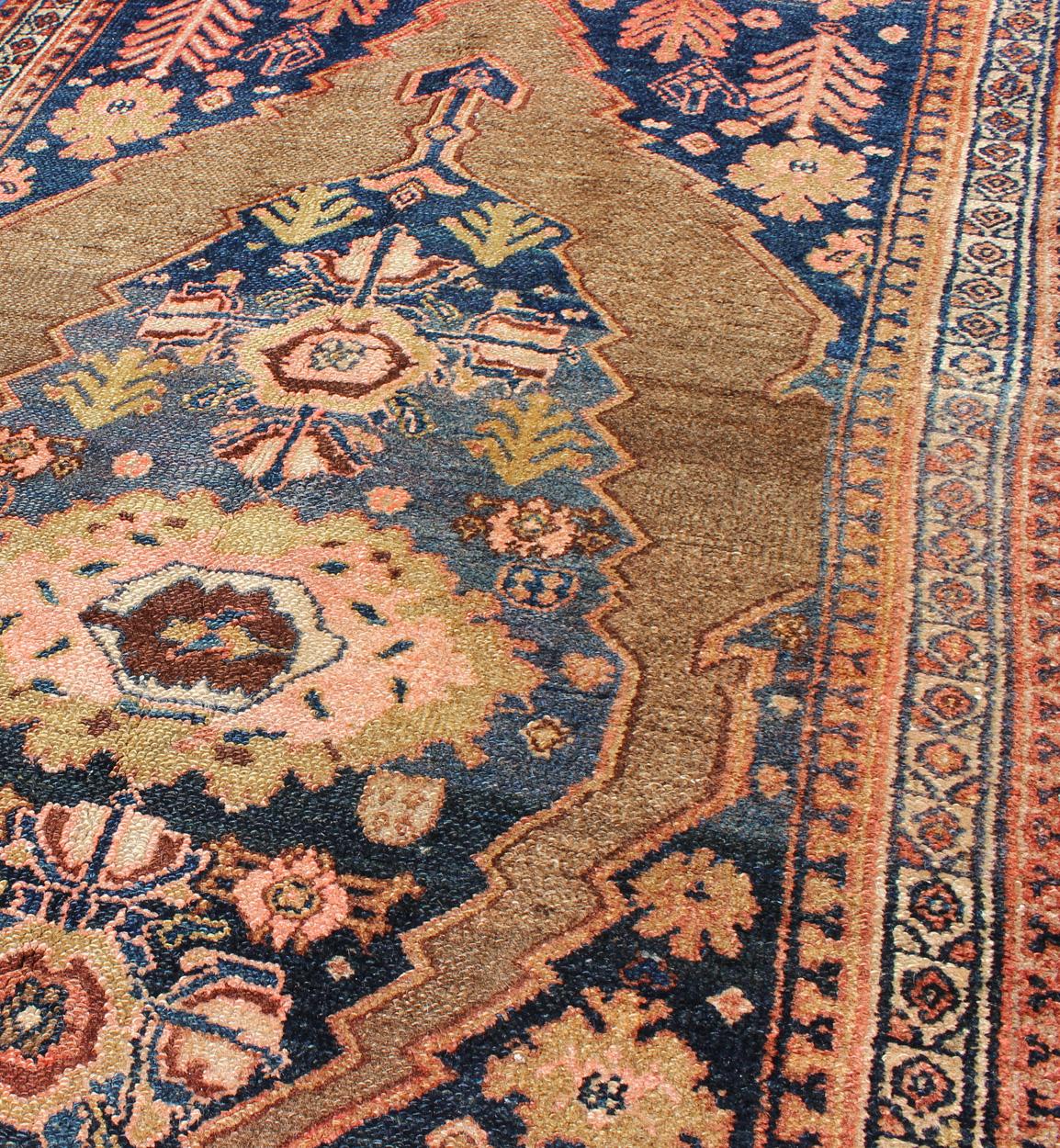 Tribal Medallion Design Antique Persian Serab Rug in Camel and Shades of Blue For Sale 3