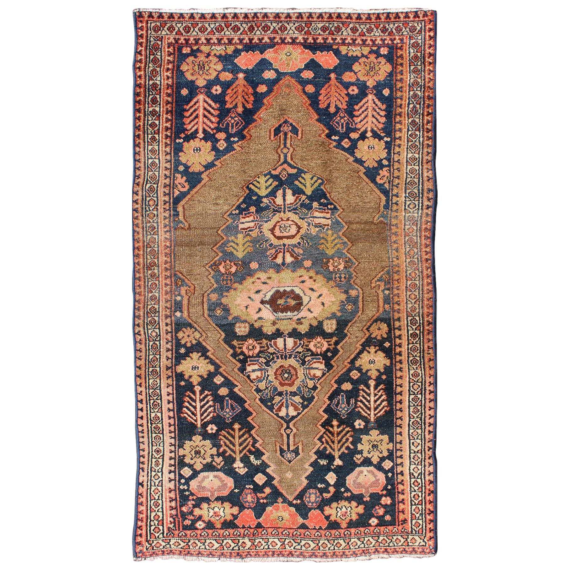 Tribal Medallion Design Antique Persian Serab Rug in Camel and Shades of Blue For Sale
