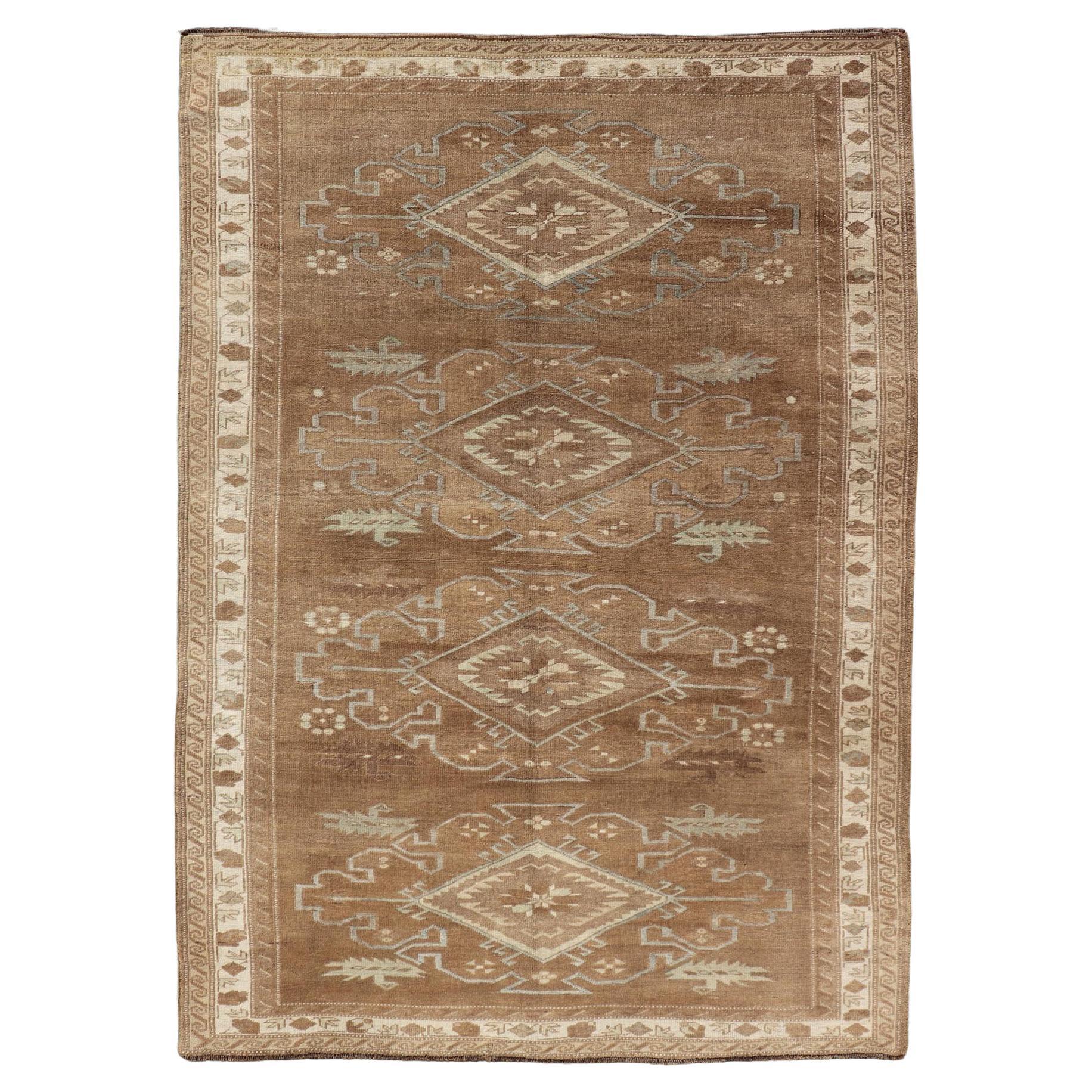 Tribal Medallion Design Turkish Antique Kars Oushak Rug in Warm Brown Tones