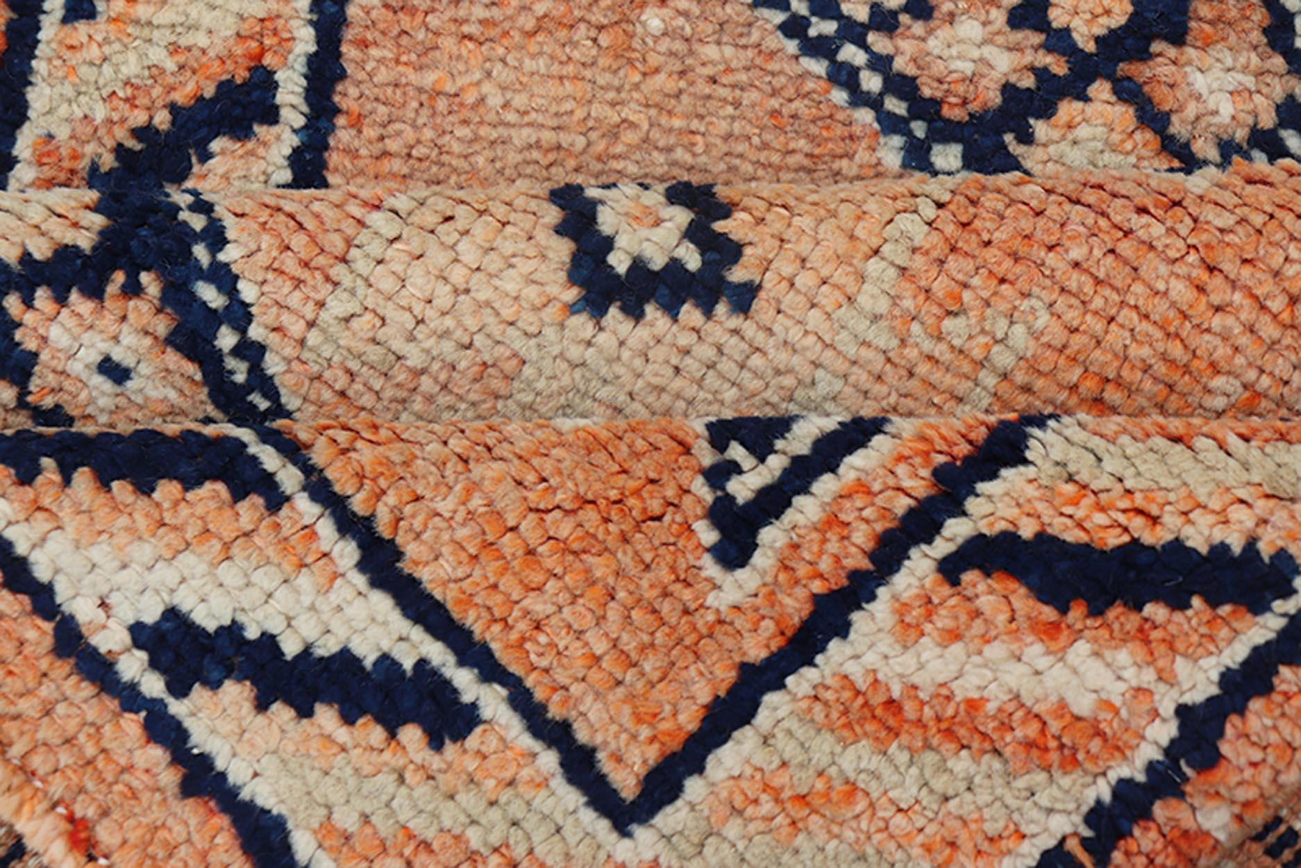 Tribal Medallion Design Vintage Turkish Runner in Orange and Navy Blue For Sale 3